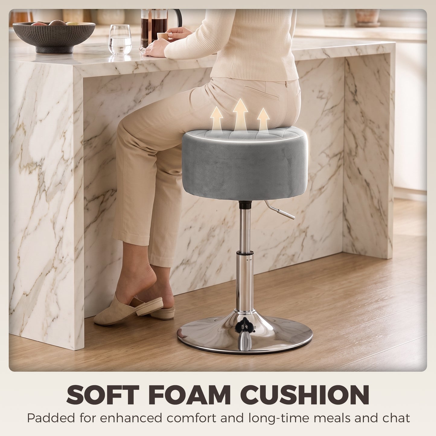 HOMCOM Bar Stool Adjustable Swivel Chair Velvet-Feel Seat 1 Piece, Grey