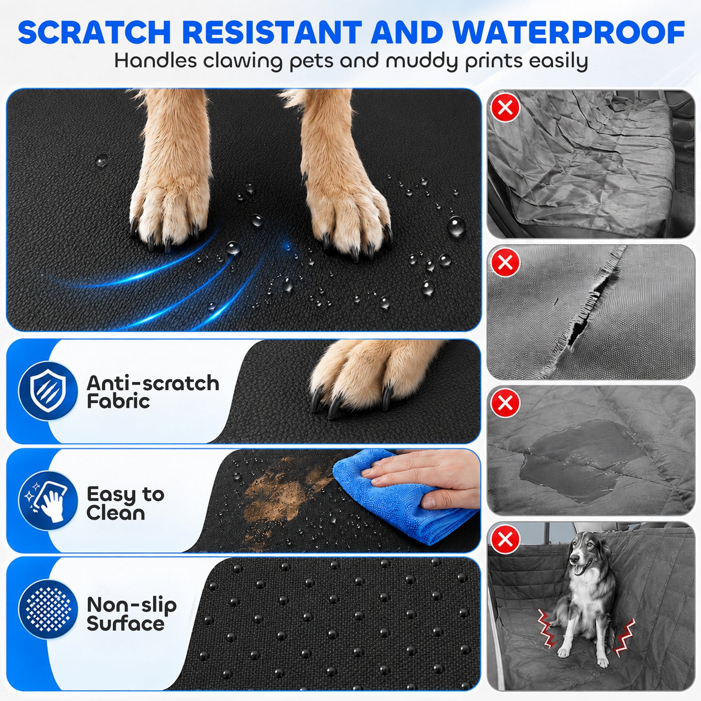 PawHut Dog Car Seat Cover, Waterproof Dog Travel Hammock w/ Non-Slip & Anti-Scratch Surface, Mesh Window and Pockets, Blue