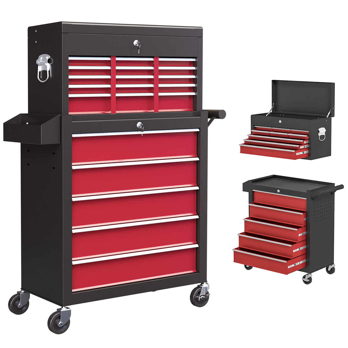 HOMCOM 14 Drawer, Two-Part Tool Storage Chest on Wheels - Red ...