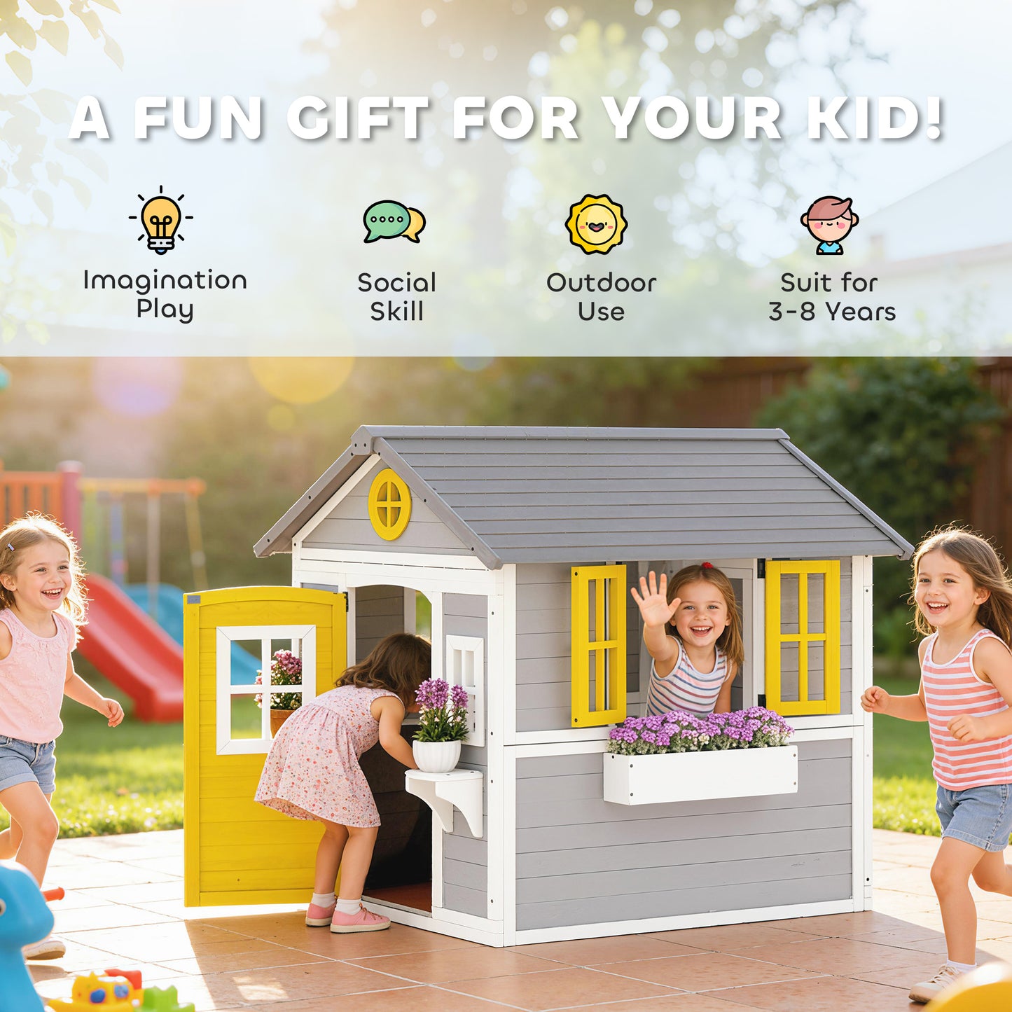 Outsunny Wooden Playhouse with Doors, Windows, Plant Pots, Boxes, for 3-8 Years - Grey