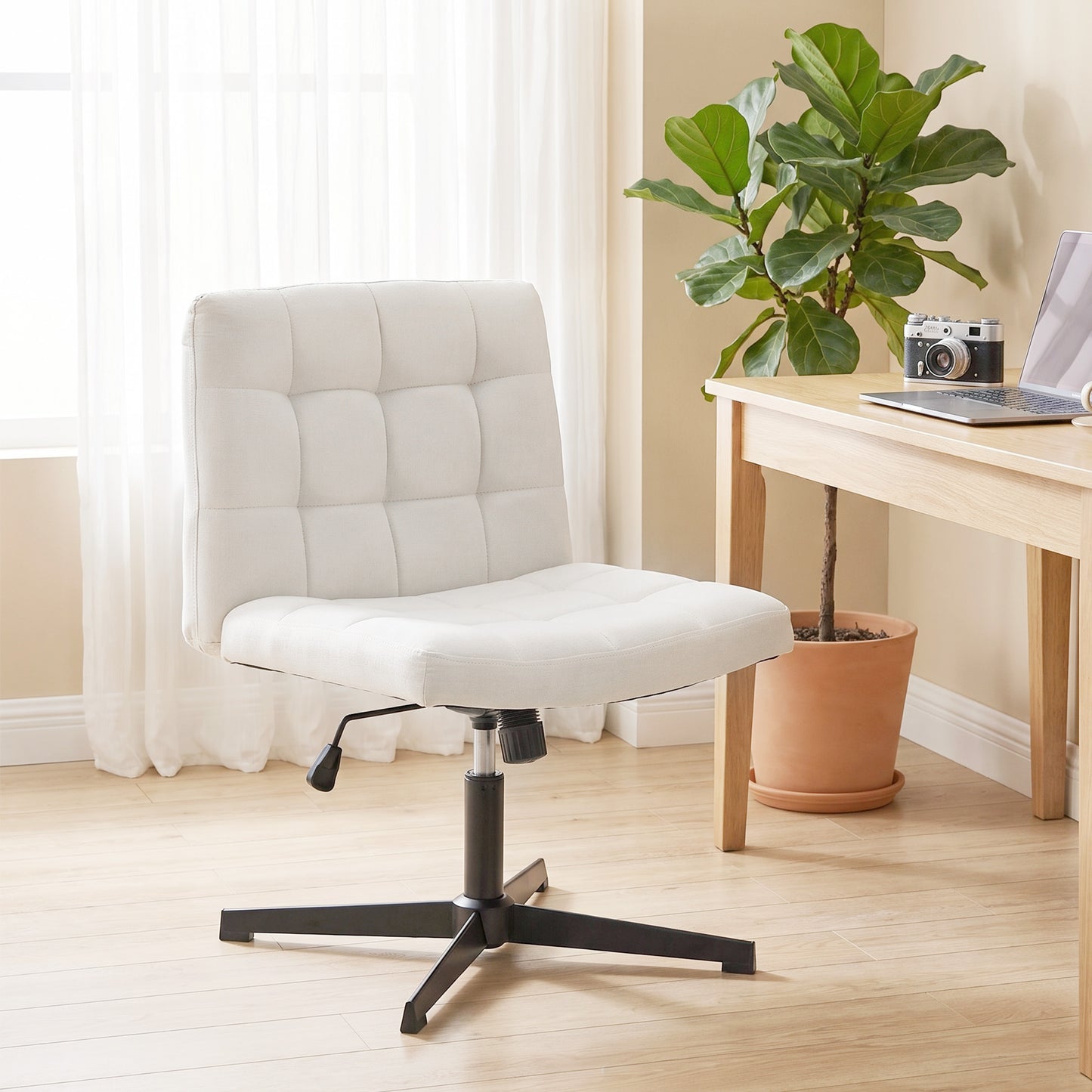 HOMCOM Armless Office Chair, Cross Legged Linen Computer Desk Vanity Chair with Wide Seat, Rocking Function, Beige