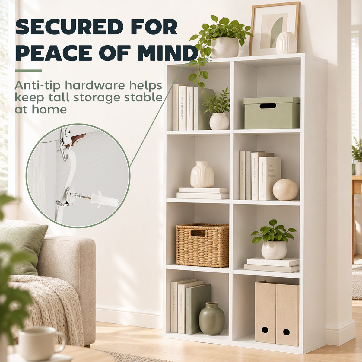 HOMCOM Bookcase with 8 Cubes, 60 x 30 x 121 cm Display Shelf with Anti-Tipping Design, White Wood-Effect