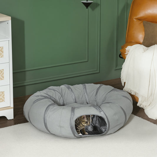 PawHut 2 in 1 Cat Tunnel with Bed, Cat Play Tunnel with Ball & Peek Hole for Indoor Cats, Grey