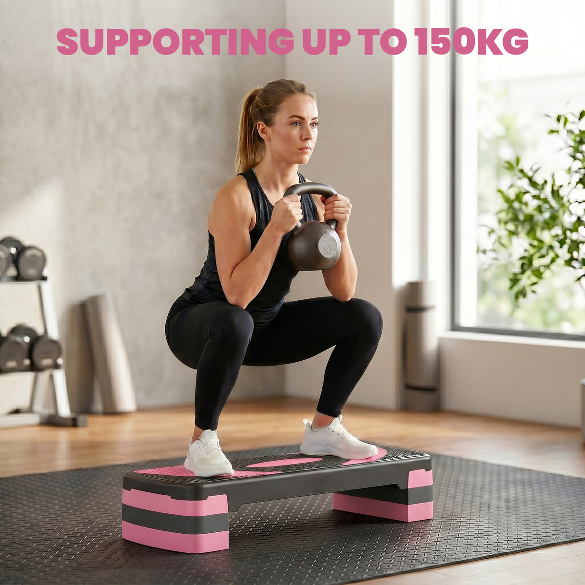 HOMCOM Aerobic Step with 3-Level Adjustable Heights for Home, Office Exercise, Black and Pink