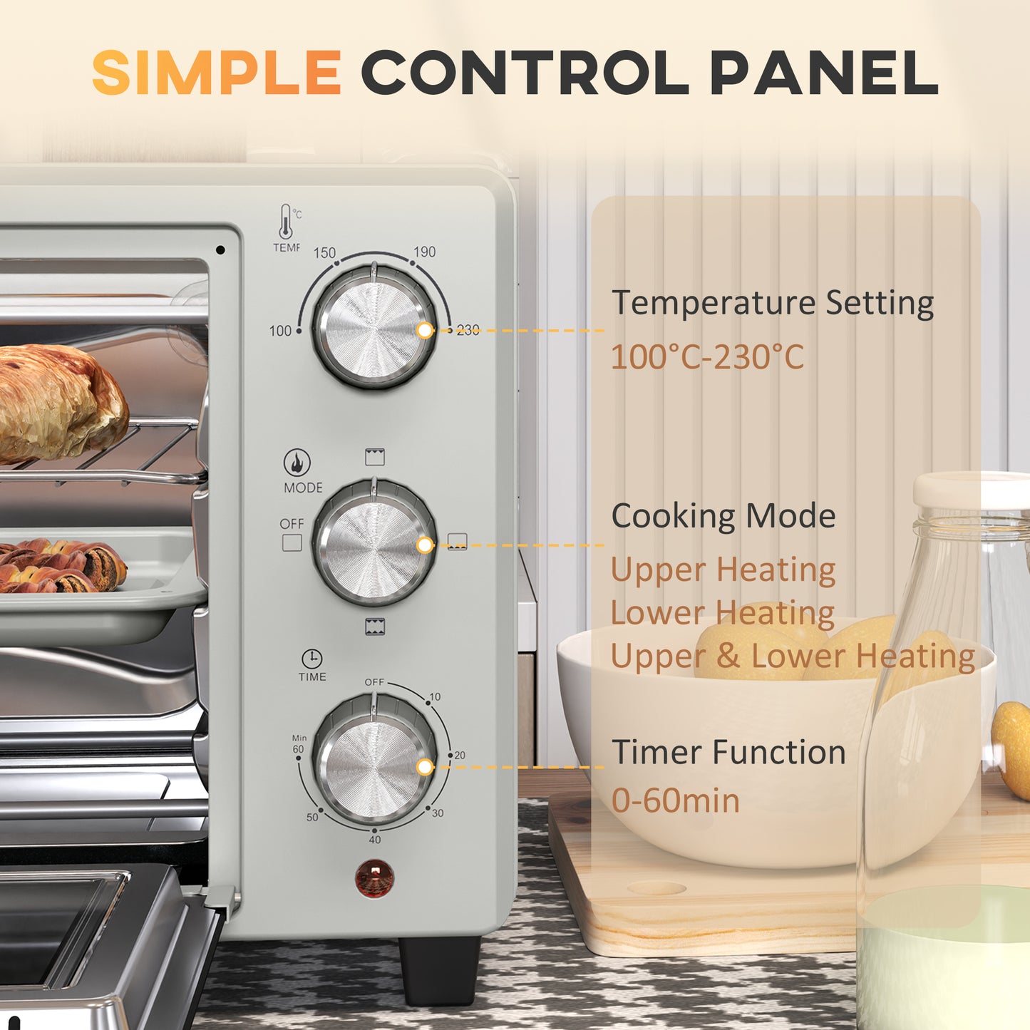 HOMCOM 21L Mini Countertop Oven, 100Â°C-230Â°C Adjustable Temp - Silver Tone