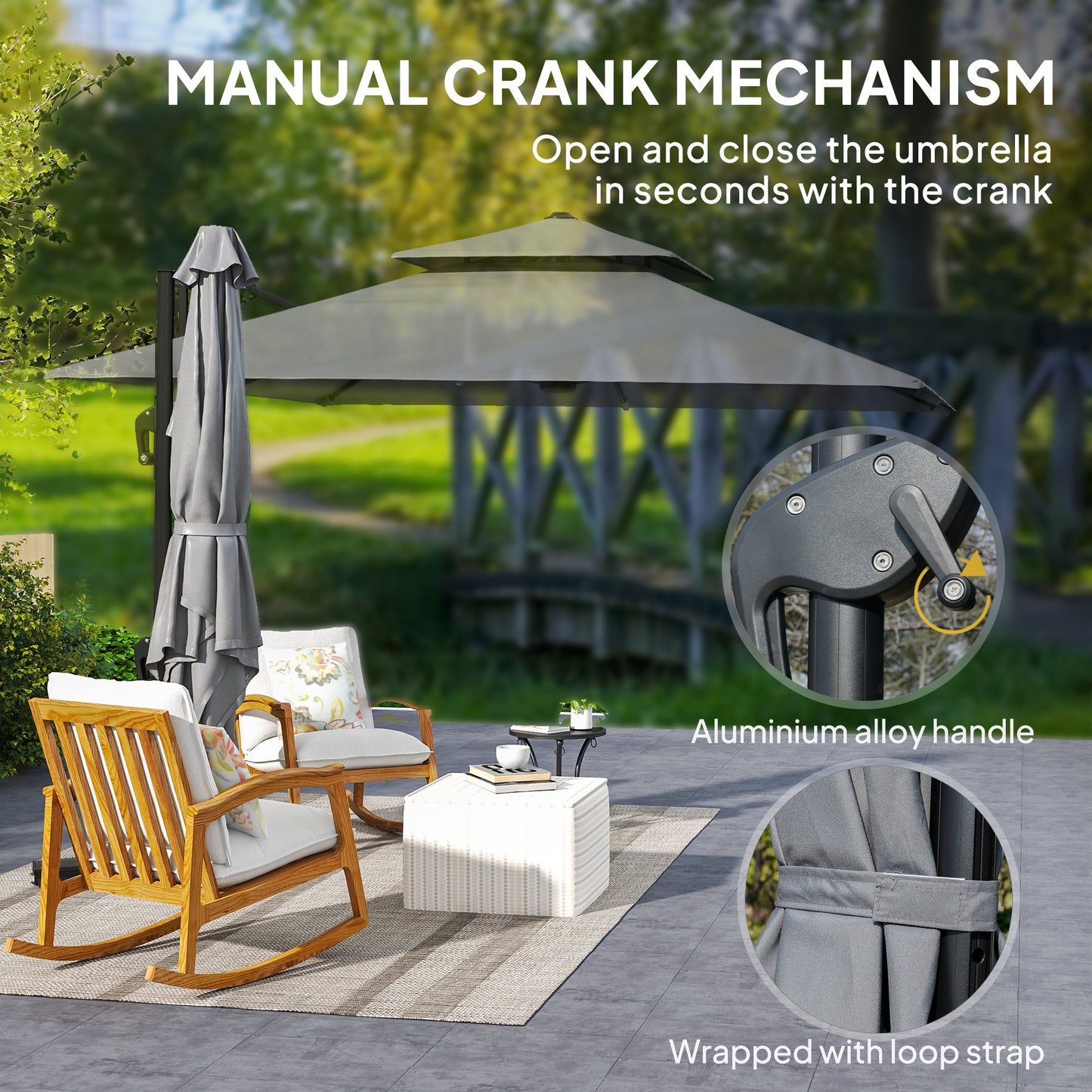 Outsunny 3 x 3(m) Cantilever Parasol with Aluminium Frame, Crank and Tilt, 360-Degree Rotation, Double Top Garden Umbrella with Cover (Only Cross Base), Light Grey