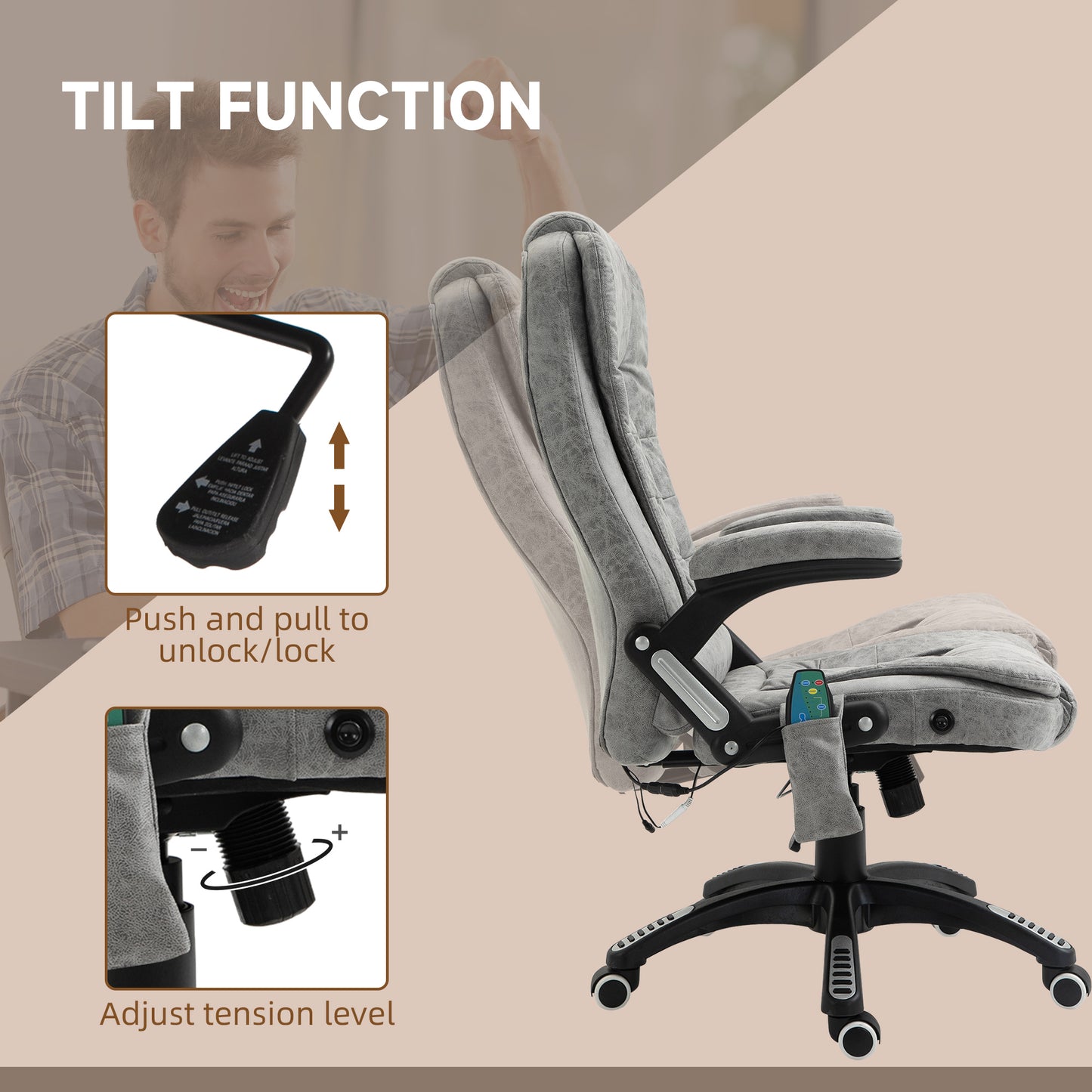 Vinsetto Massage Recliner Chair Heated Office Chair with Six Massage Points Microfiber Cloth 360Â° Swivel Wheels Grey