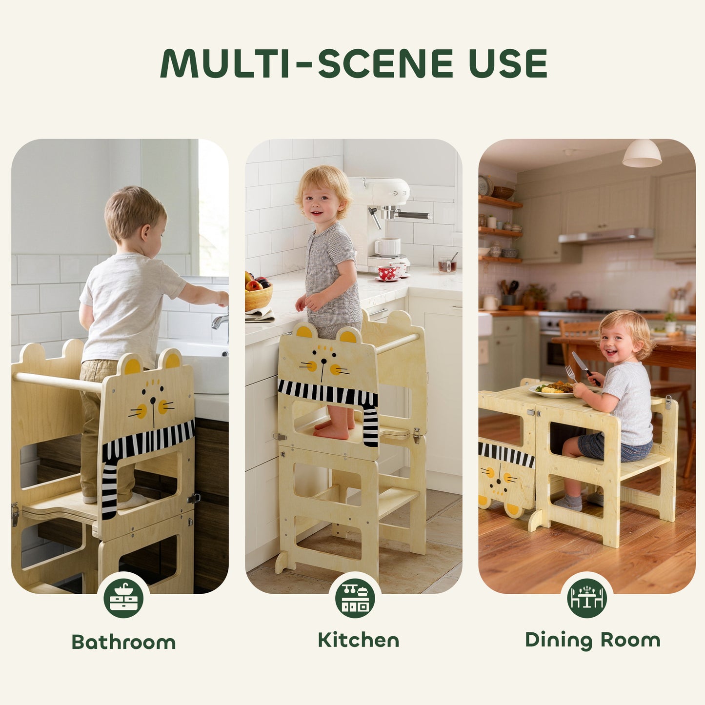 AIYAPLAY Toddler Step Stool, Standing Tower with Chalkboard, 3-in-1 Cat-Shaped Step Stool for Kitchen Counter, Natural