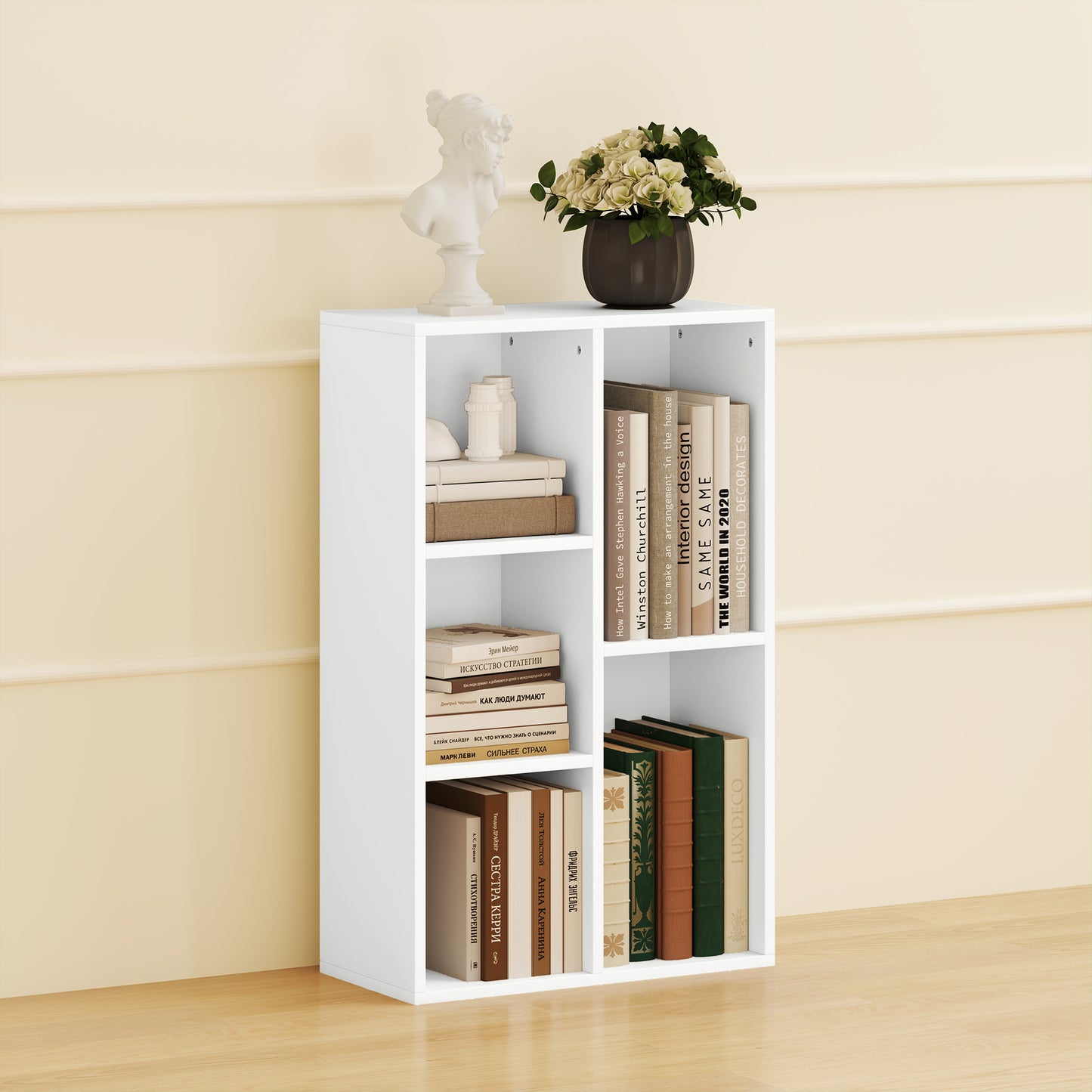 HOMCOM 2-Tier Bookshelf with 5 Compartments - White