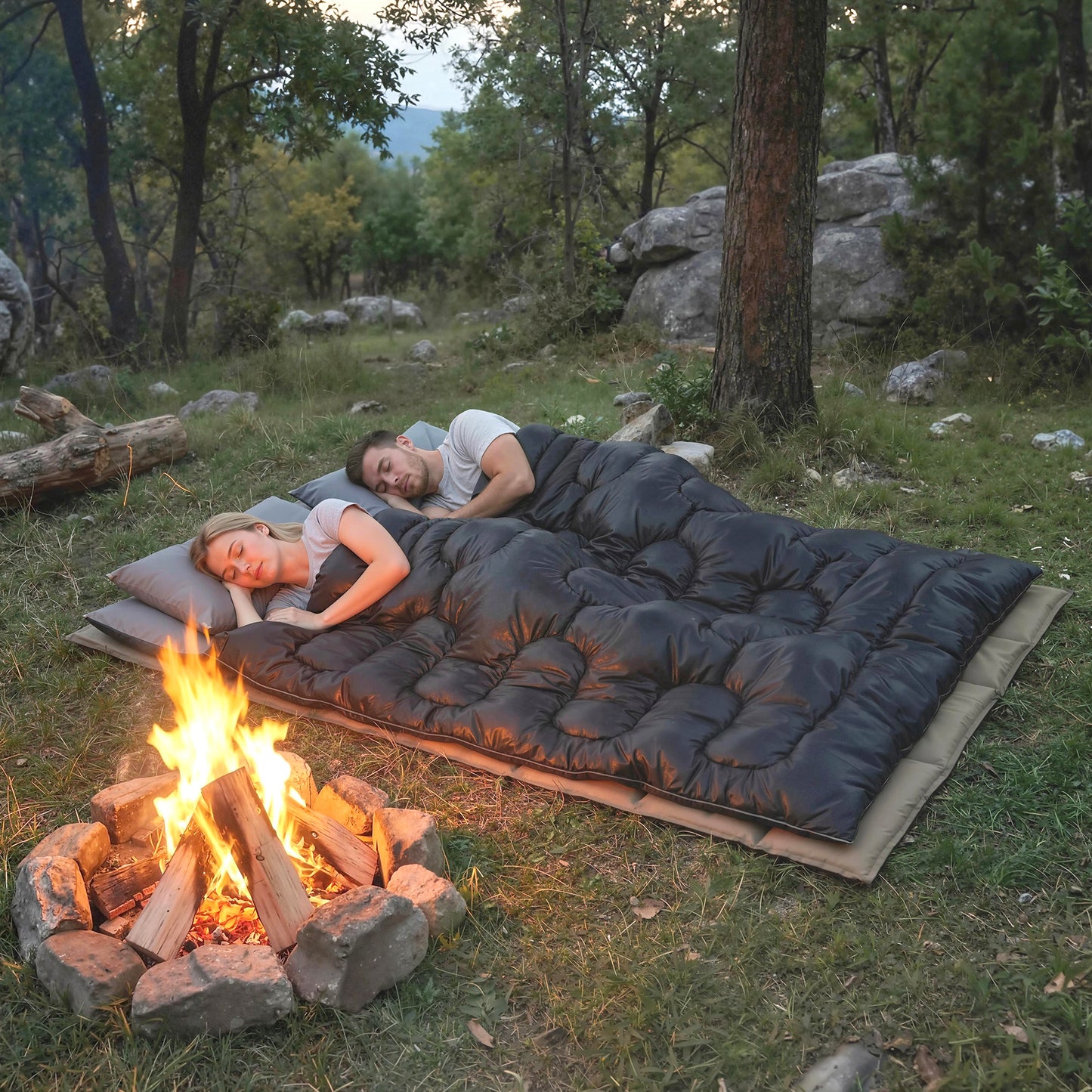 Outsunny Double Sleeping Bag with 2 Pillows, 220 x 160 cm Extra-Large Sleeping Bag for Adults, Black