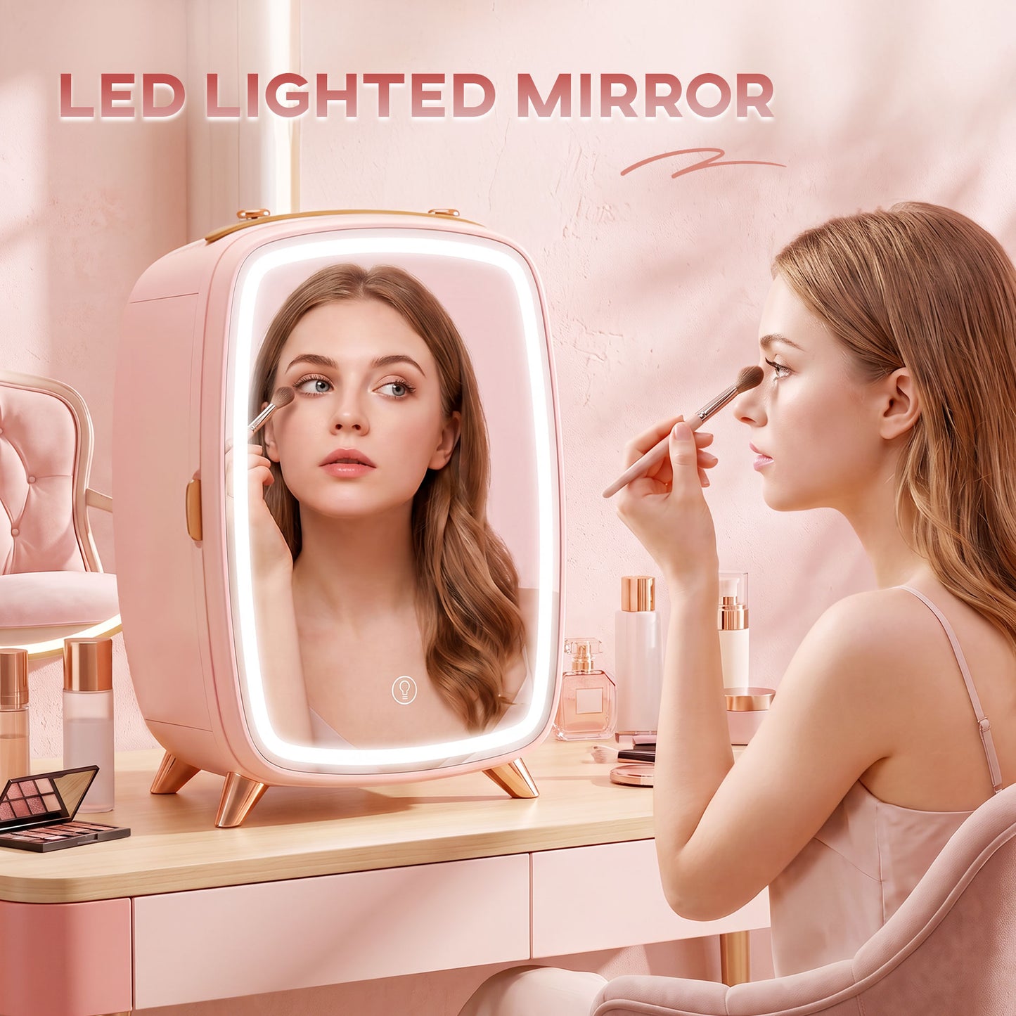 HOMCOM Skincare Refrigerator, 6L Mini Cosmetic Fridge with LED Mirror, Cooling Function for Bedroom, Skincare, Office, Pink