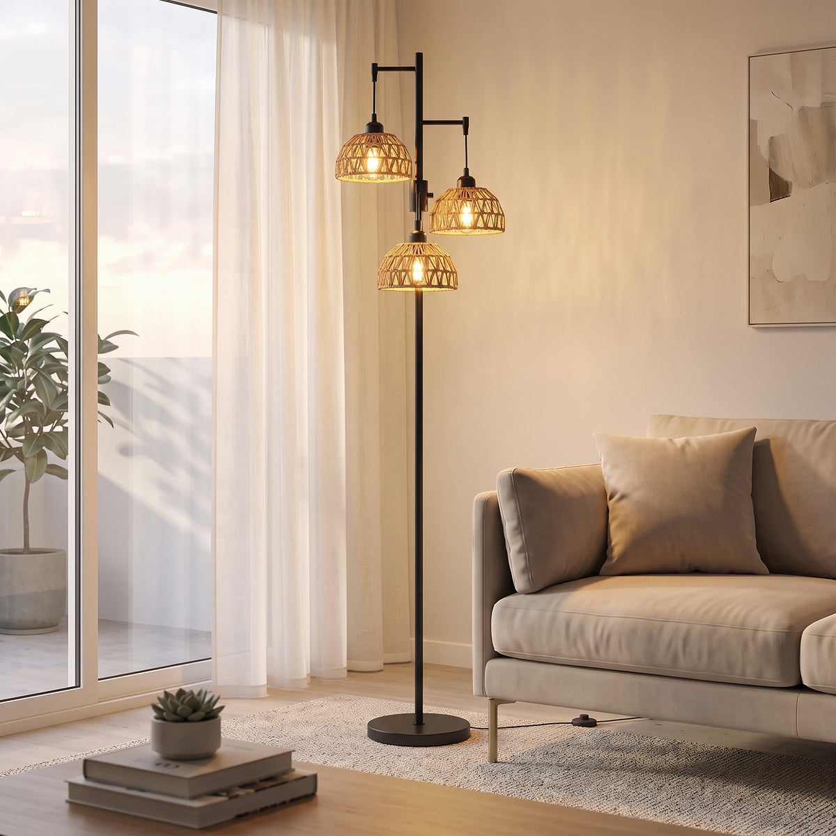 HOMCOM 3-Light Floor Lamp, Standing Lamp with Paper Rope Shades, 4-Stage Rotary Switch for Living Room, Bedroom, Study