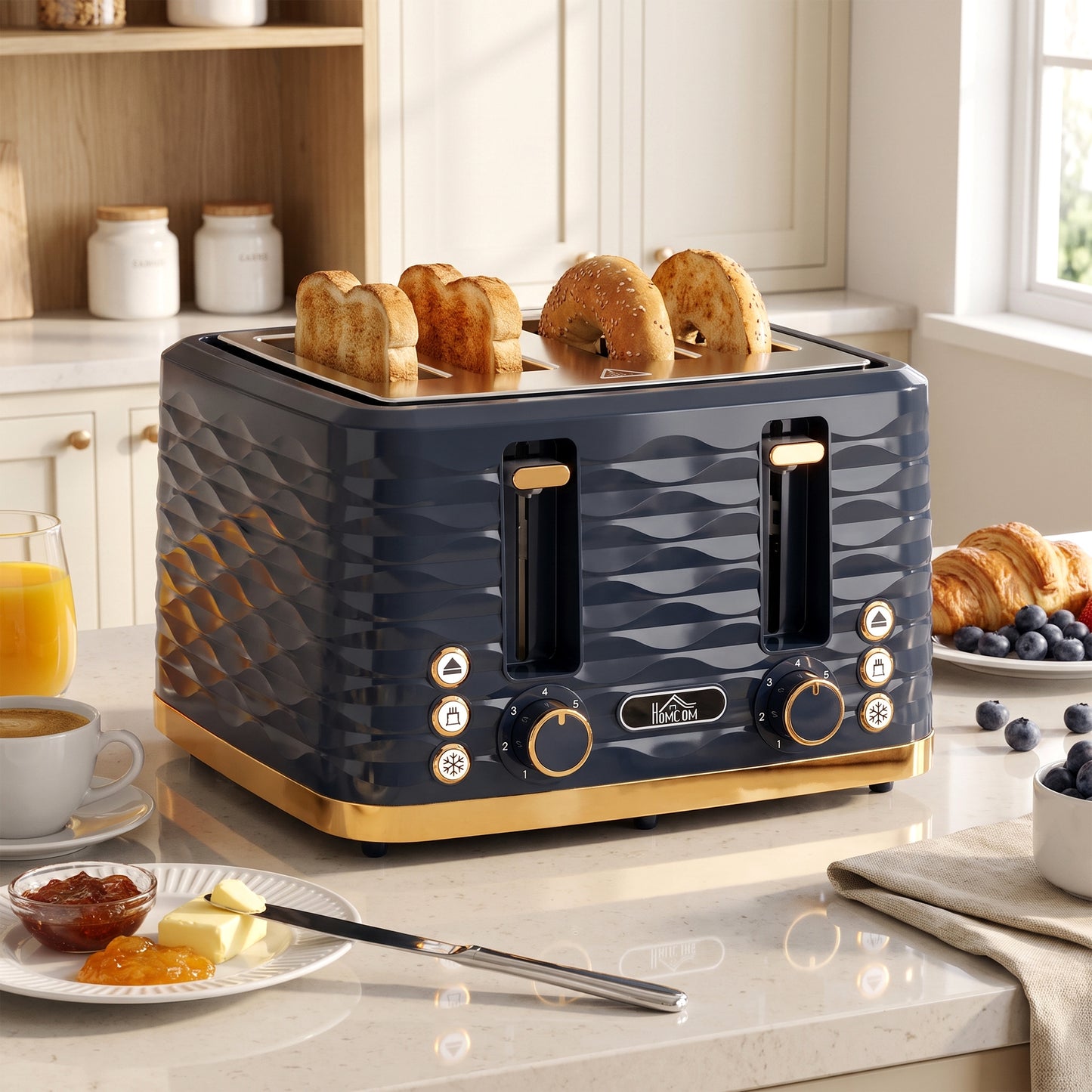 HOMCOM Toaster, Toaster 4 Slice with 7 Browning Levels, High Lift, Reheat/Defrost/Cancel, Dark Blue