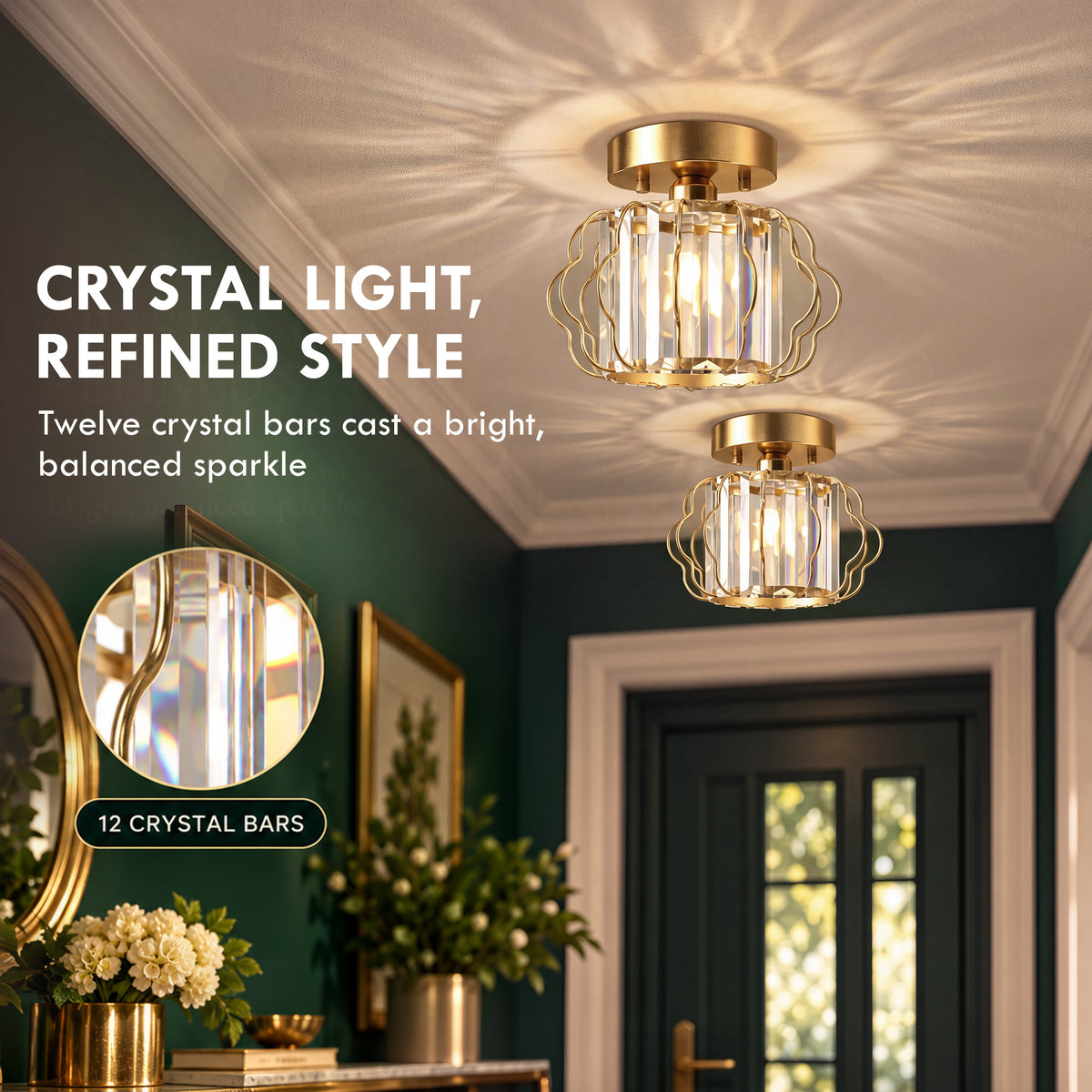 HOMCOM Crystal Ceiling Light Fixtures, Modern Semi-Flush Ceiling Lighting with Crystal Strips, 2 Pack, Gold Tone