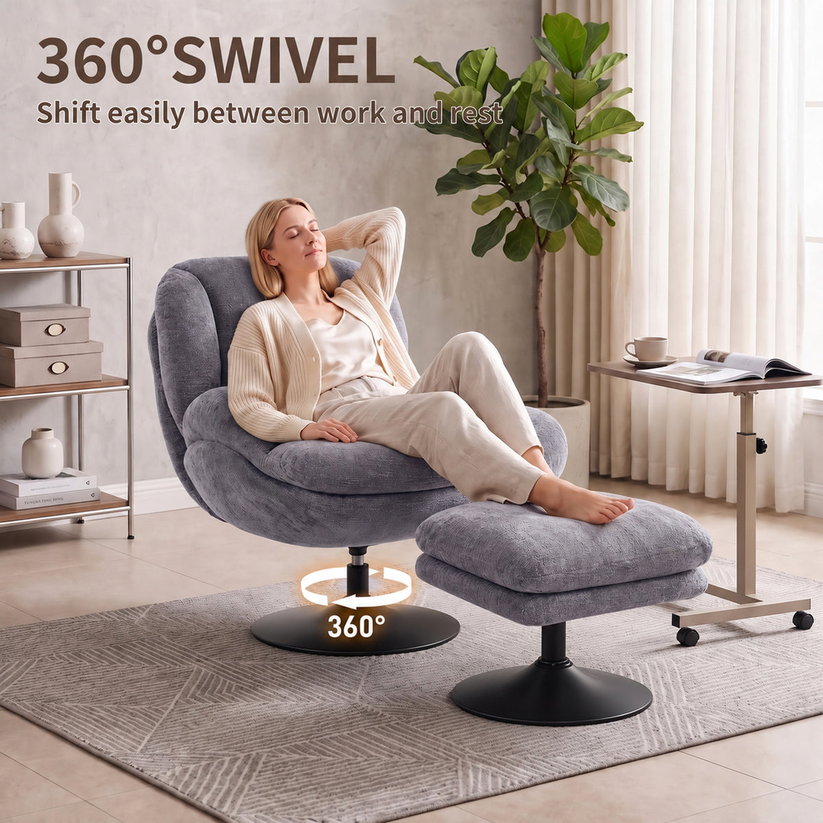 HOMCOM Modern Chenille Lazy Chair with Ottoman, 360Â° Swivel, Upholstered Reading Seat Set for Living Room, Dark Grey
