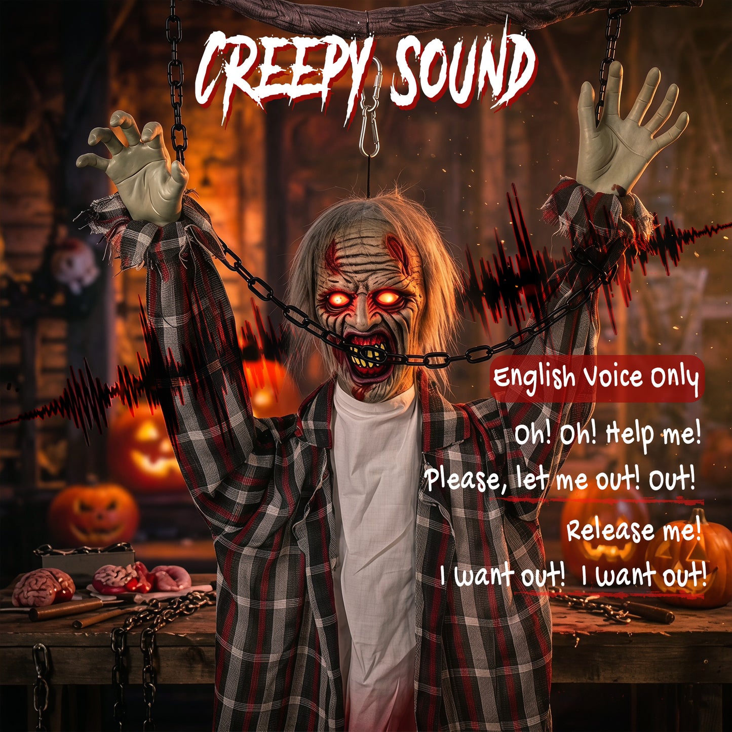 HOMCOM 110cm Screaming Animated Hanging Halloween Decoration, Sound Touch Activated Zombie Decor with Glowing Red Eyes