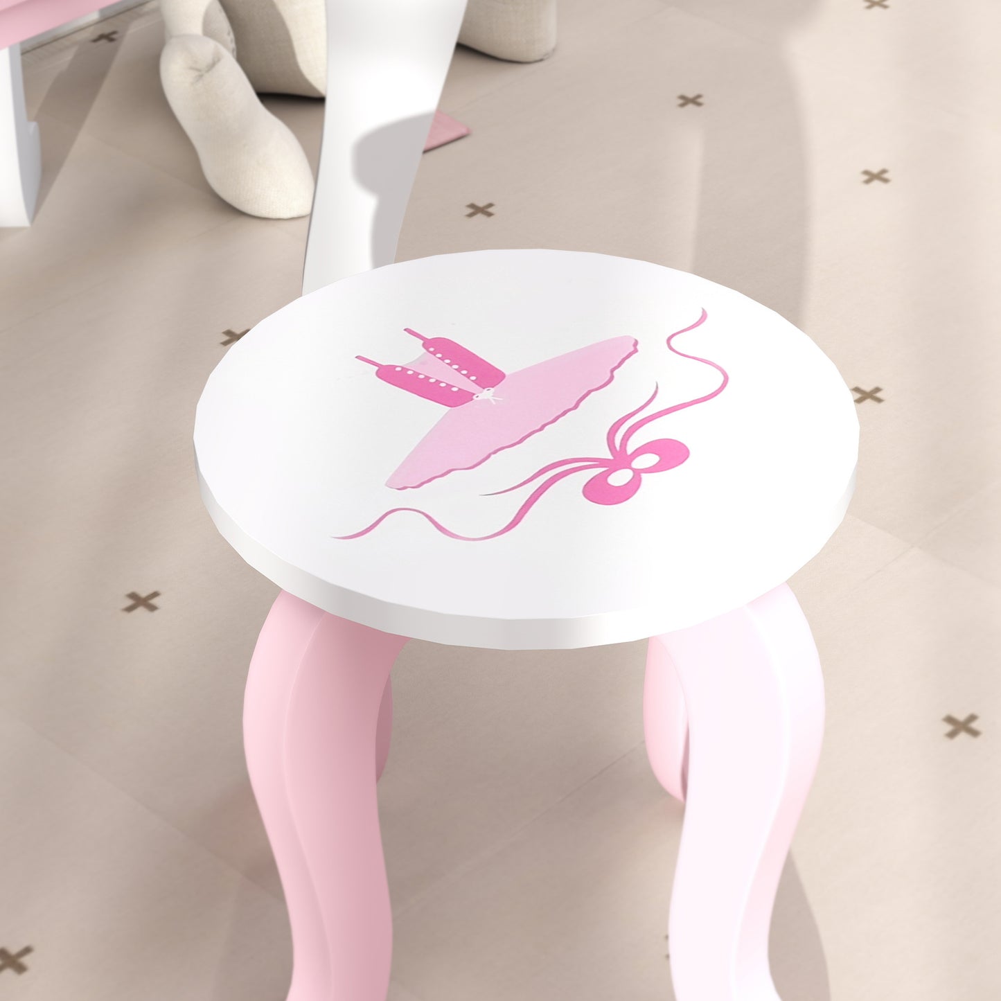 AIYAPLAY Kids Dressing Table Set, Vanity Table with Stool, Mirror, Drawer, Desktop, Storage, Ballet-Theme, Pink
