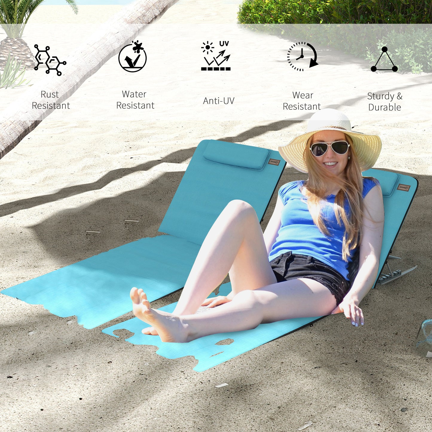 Outsunny Set of Two Metal Frame Beach Chairs, with Reclining Backs - Blue