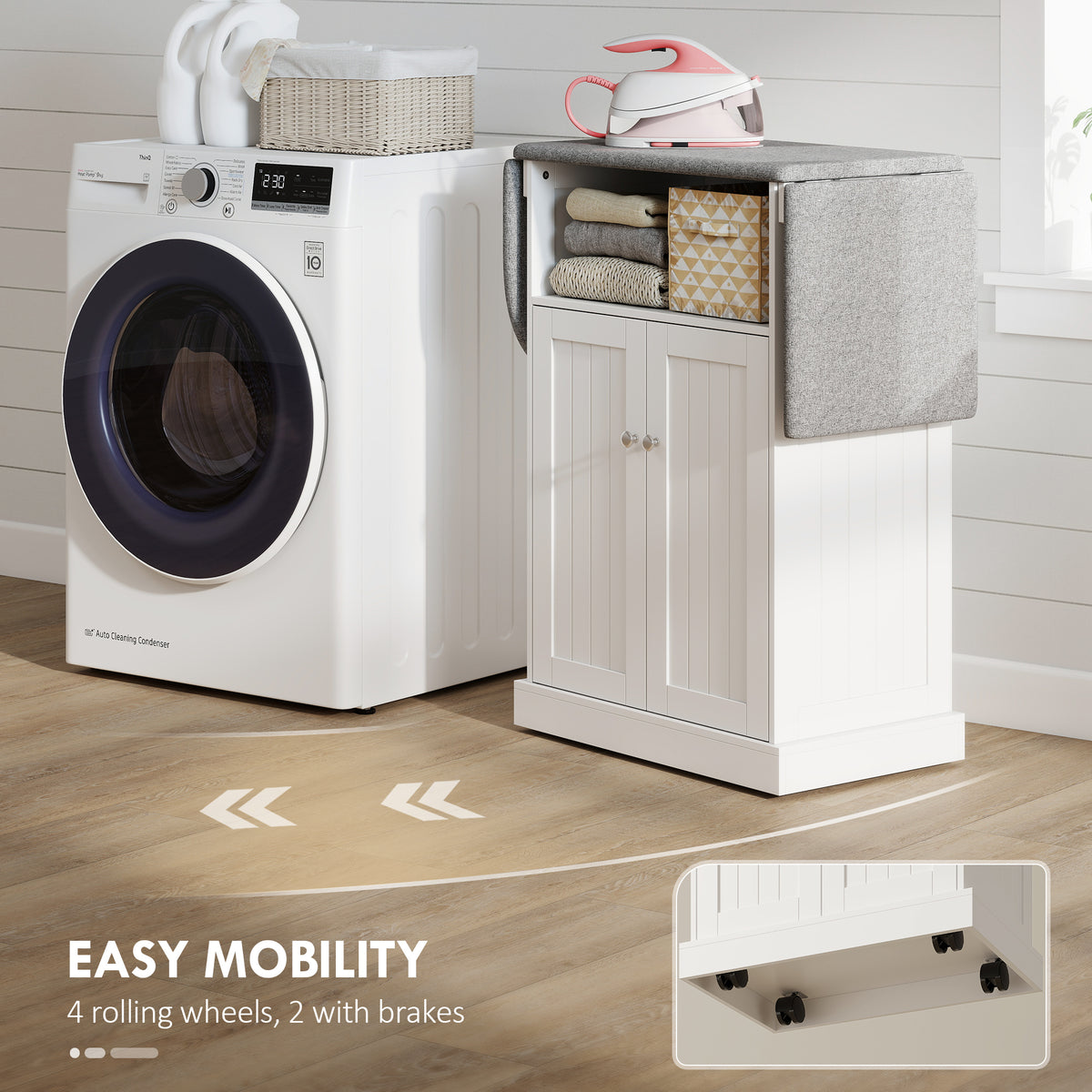 HOMCOM Ironing Board Cabinet on Wheels with Foldable Top, Mobile Storage Cabinet with Ironing Board, Open Compartment, White