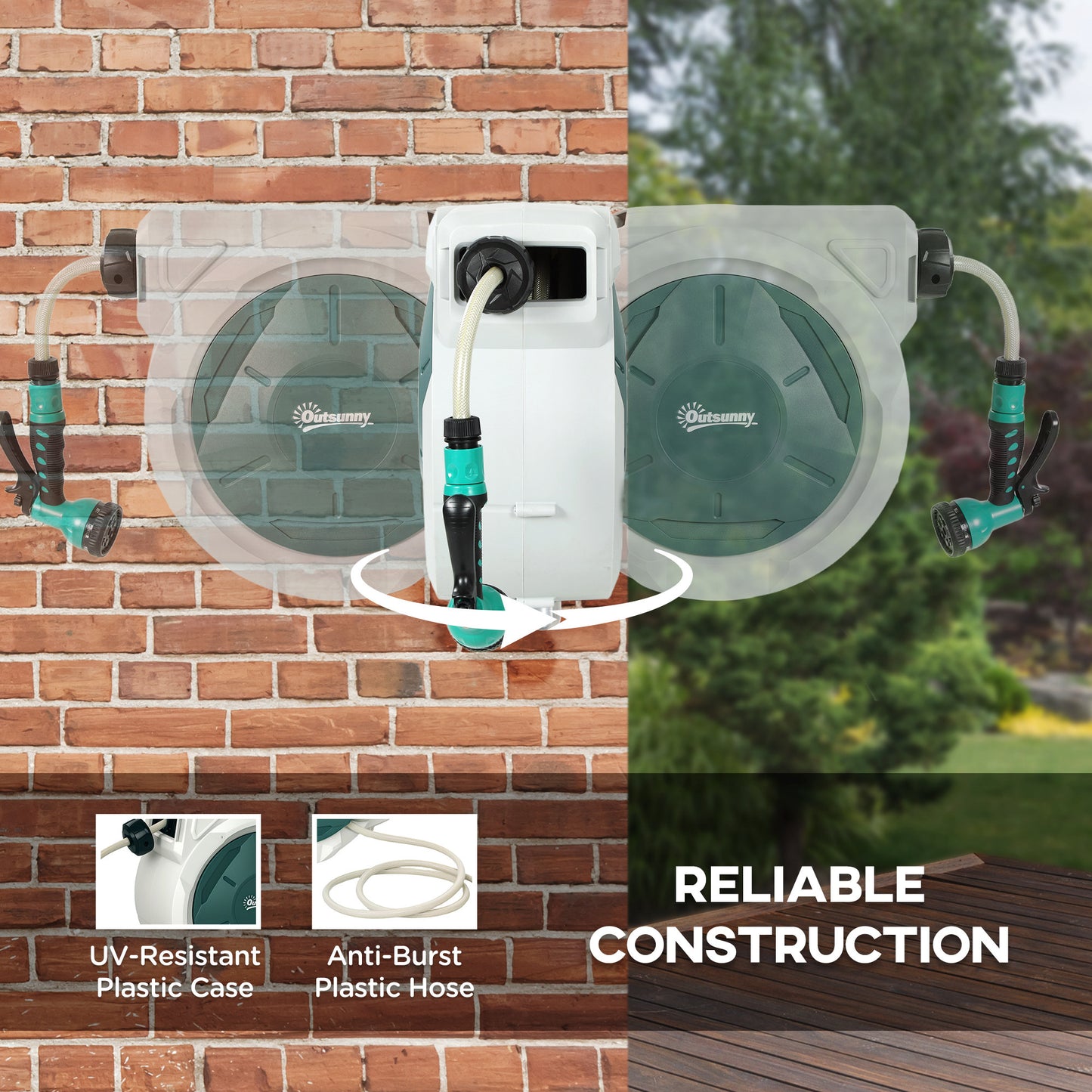 Outsunny Retractable Hose Reel Wall Mounted, 20+2m Garden Hose Pipe Reel with Lock, Auto Rewind, 7 in 1 Spray Nozzle, Includes Wall Fixings, 180Â° Swivel, Outdoor Watering, Light Grey