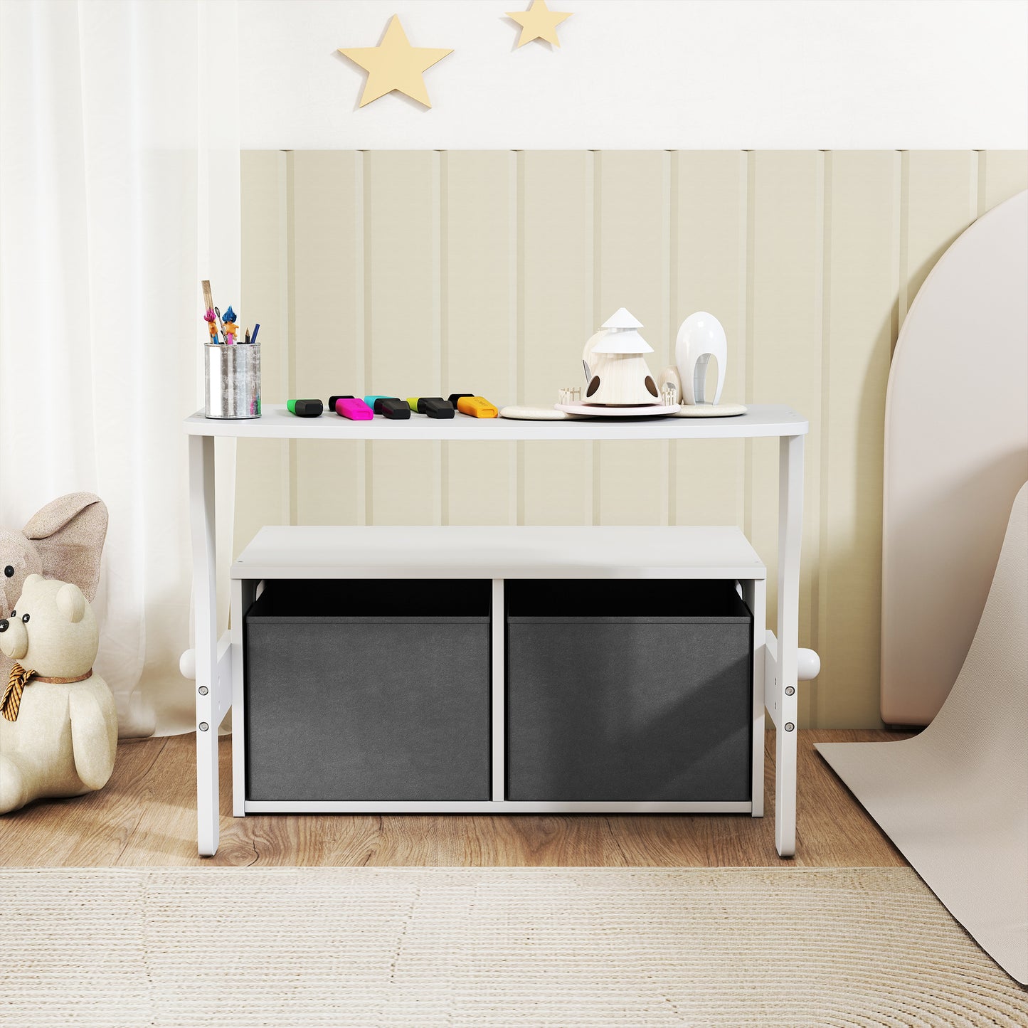 AIYAPLAY 3 in 1 Kids Storage Bench, Convertible Children Table and Chair Set with 2 Fabric Bins, Toy Storage Box, White