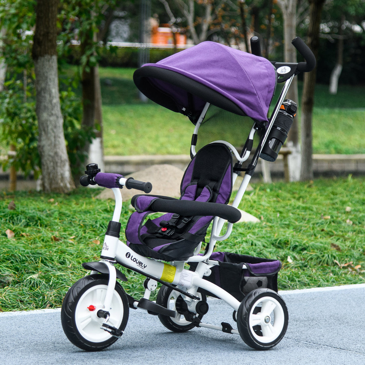 HOMCOM 6 in 1 Kids Trike Push Bike w/ Push Handle, Canopy, 5-point Seat Belt, Storage, Footrest, Brake, for 1-5 Years, Purple