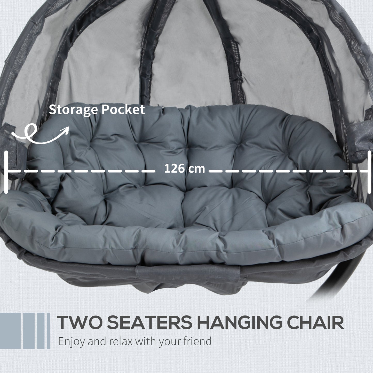 Outsunny Double Hanging Egg Chair 2 Seaters Texteline Swing Hammock Chair with Folding Design, Grey