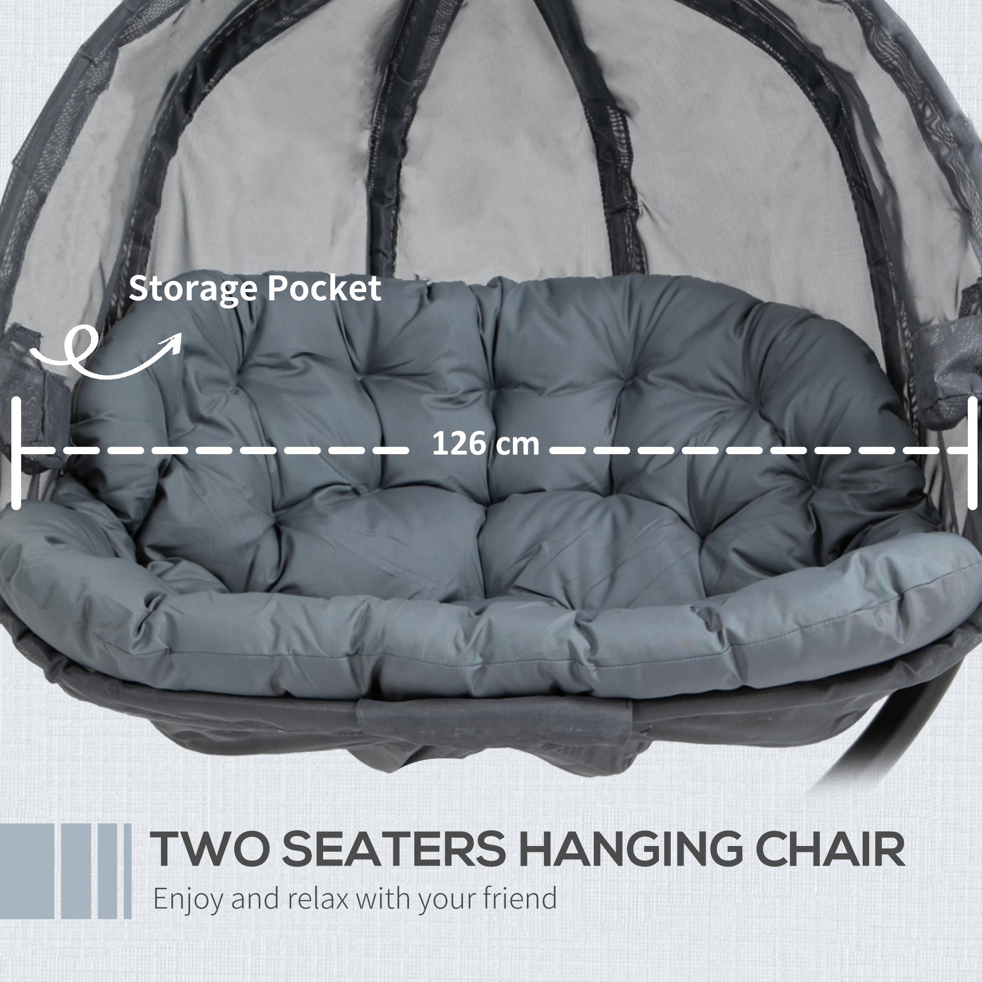 Outsunny Double Hanging Egg Chair 2 Seaters Texteline Swing Hammock Chair with Folding Design, Grey