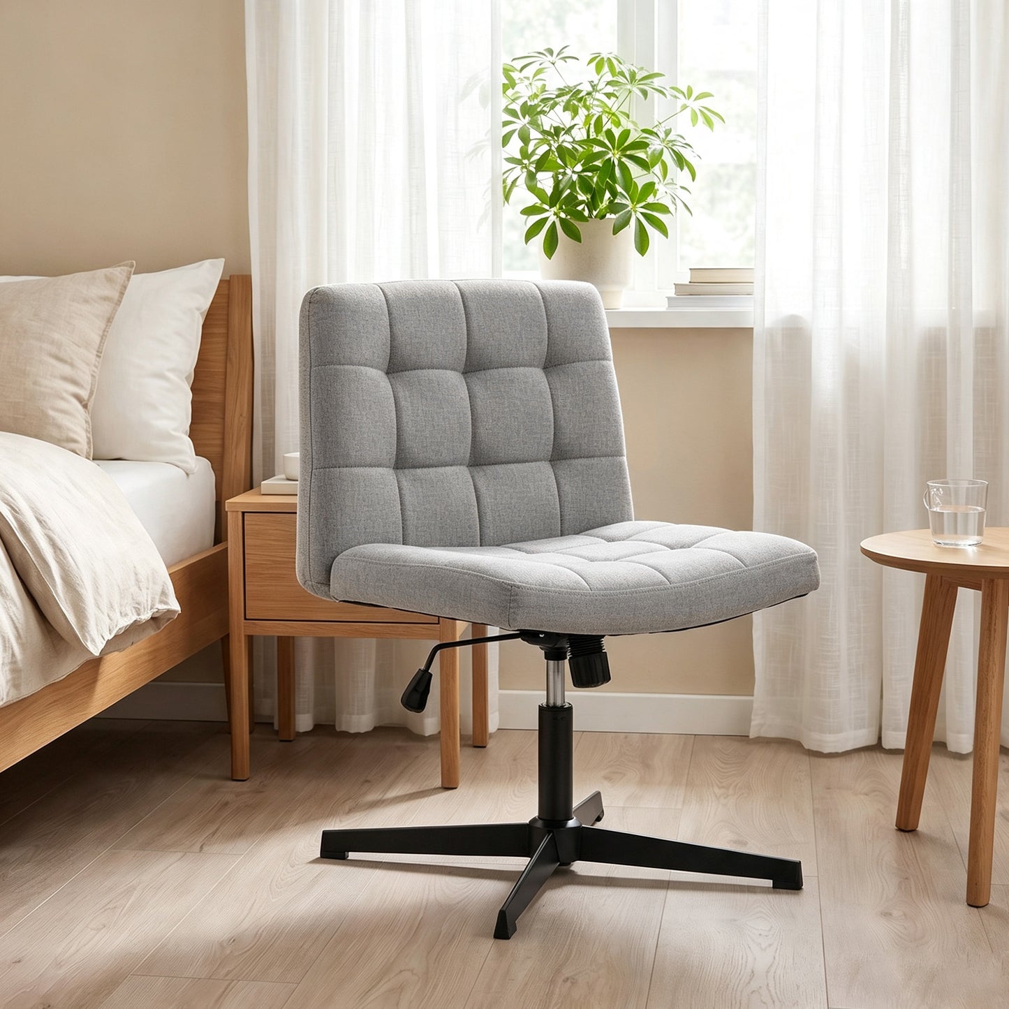 HOMCOM Armless Office Chair, Cross Legged Linen Computer Desk Vanity Chair with Wide Seat, Rocking Function, Grey