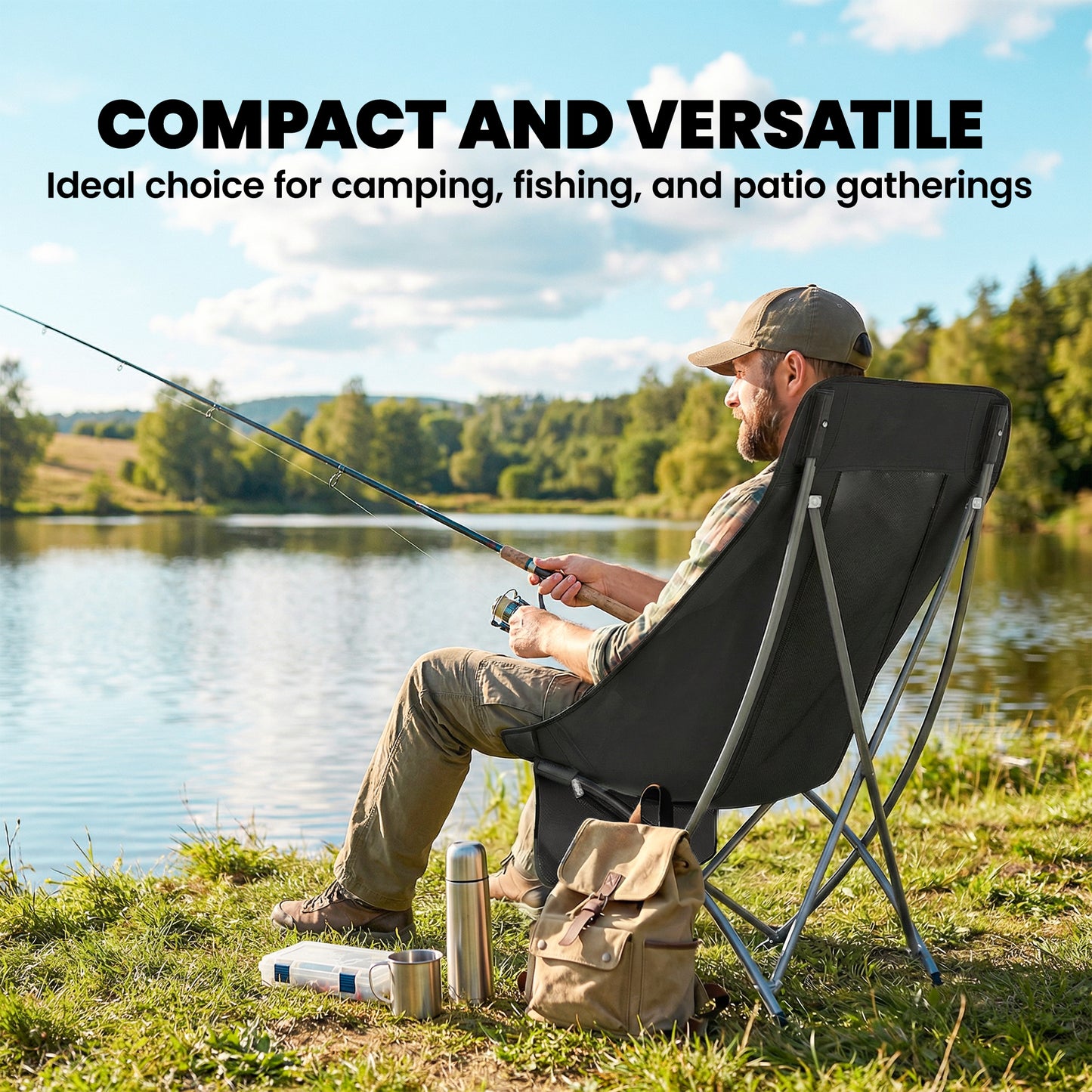 Outsunny Camping Chair for Adults Heavy Duty Folding Camp Chair with Side Pocket and Carry Bag Black