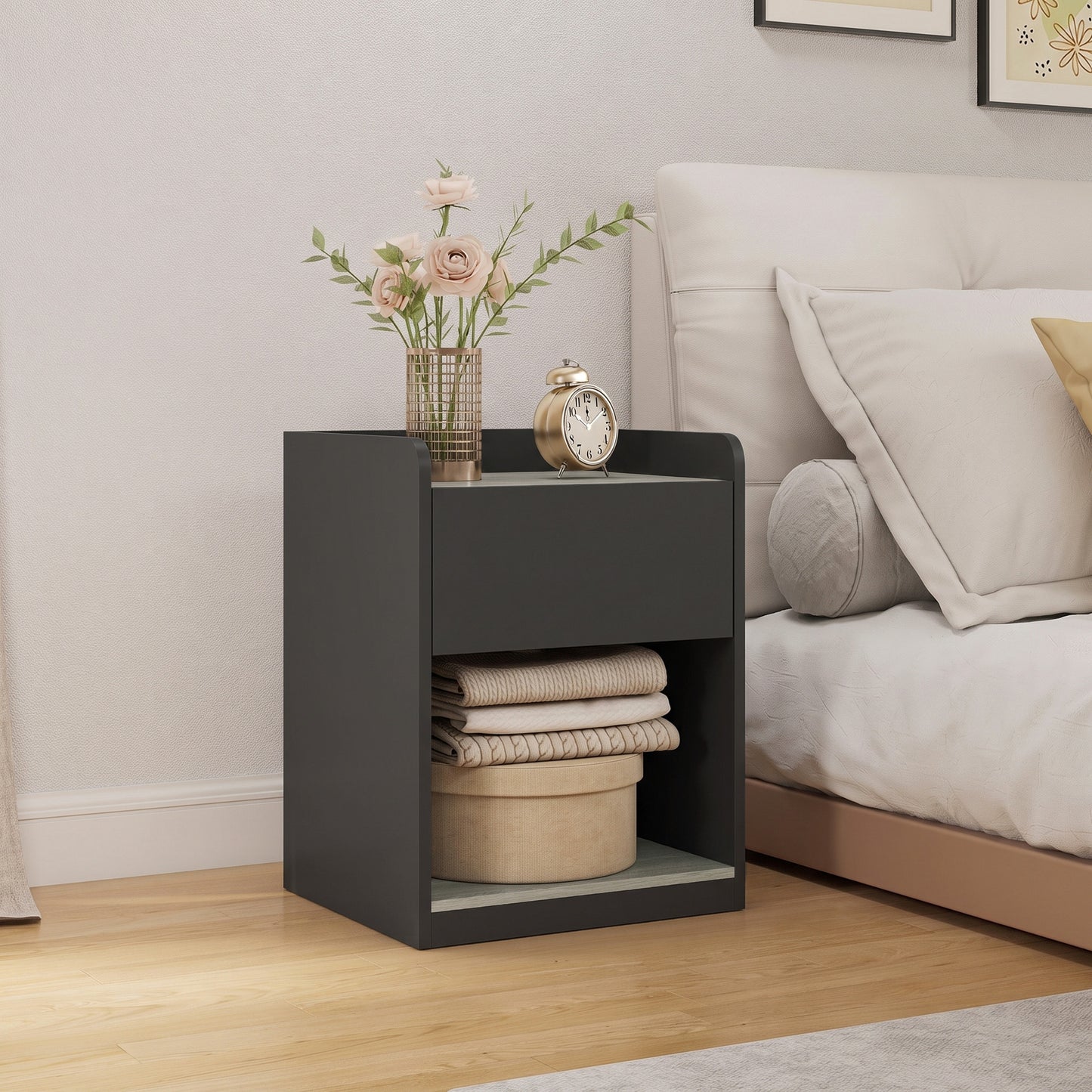HOMCOM Modern Bedside Table, Slim Nightstand with Drawer, Shelf and Cable Holes, Black and Grey Wood Effect