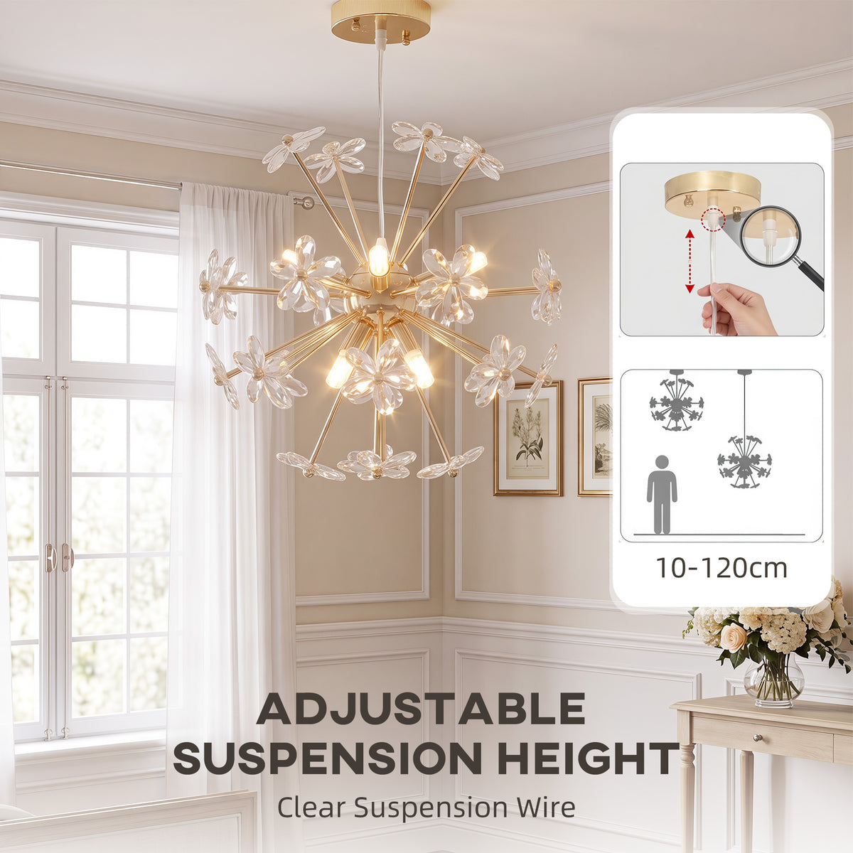 HOMCOM Crystal Chandeliers Ceiling Light with Flower, Modern Pendant Light with Adjustable Height, Ceiling Plate, Clear