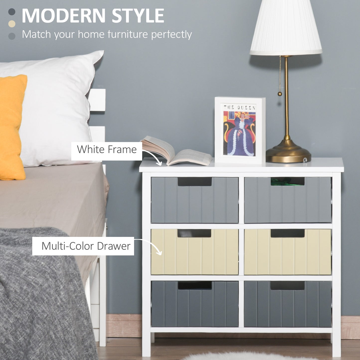 HOMCOM 6 Drawer Storage Tower, Dresser Chest with Wood Top, Organiser Unit for Closets Bedroom Nursery Room Hallway