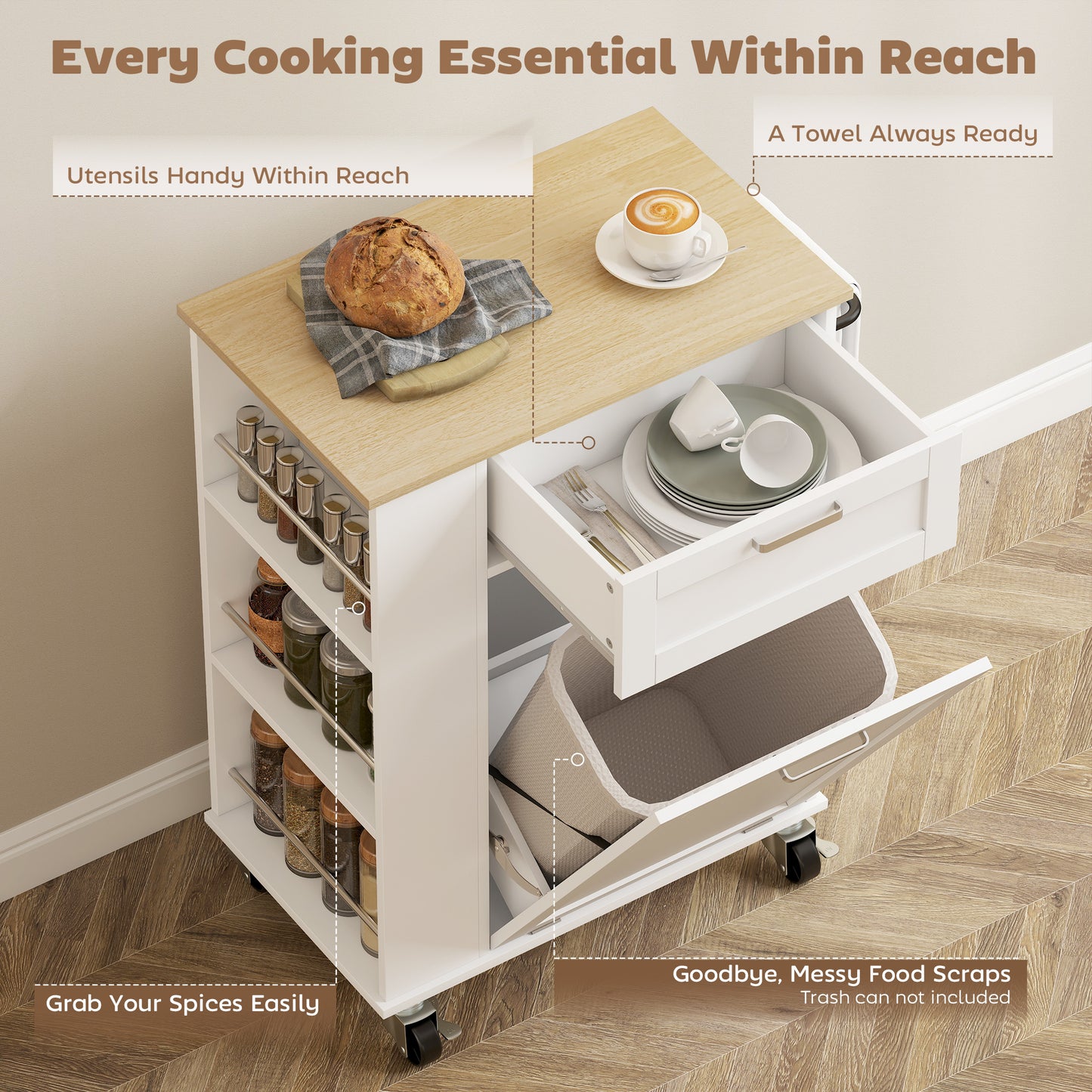 HOMCOM Kitchen Storage Trolley on Wheels, Rolling Kitchen Island with 2 Drawers, Tilt-Out Rubbish Cabinet and Storage, White