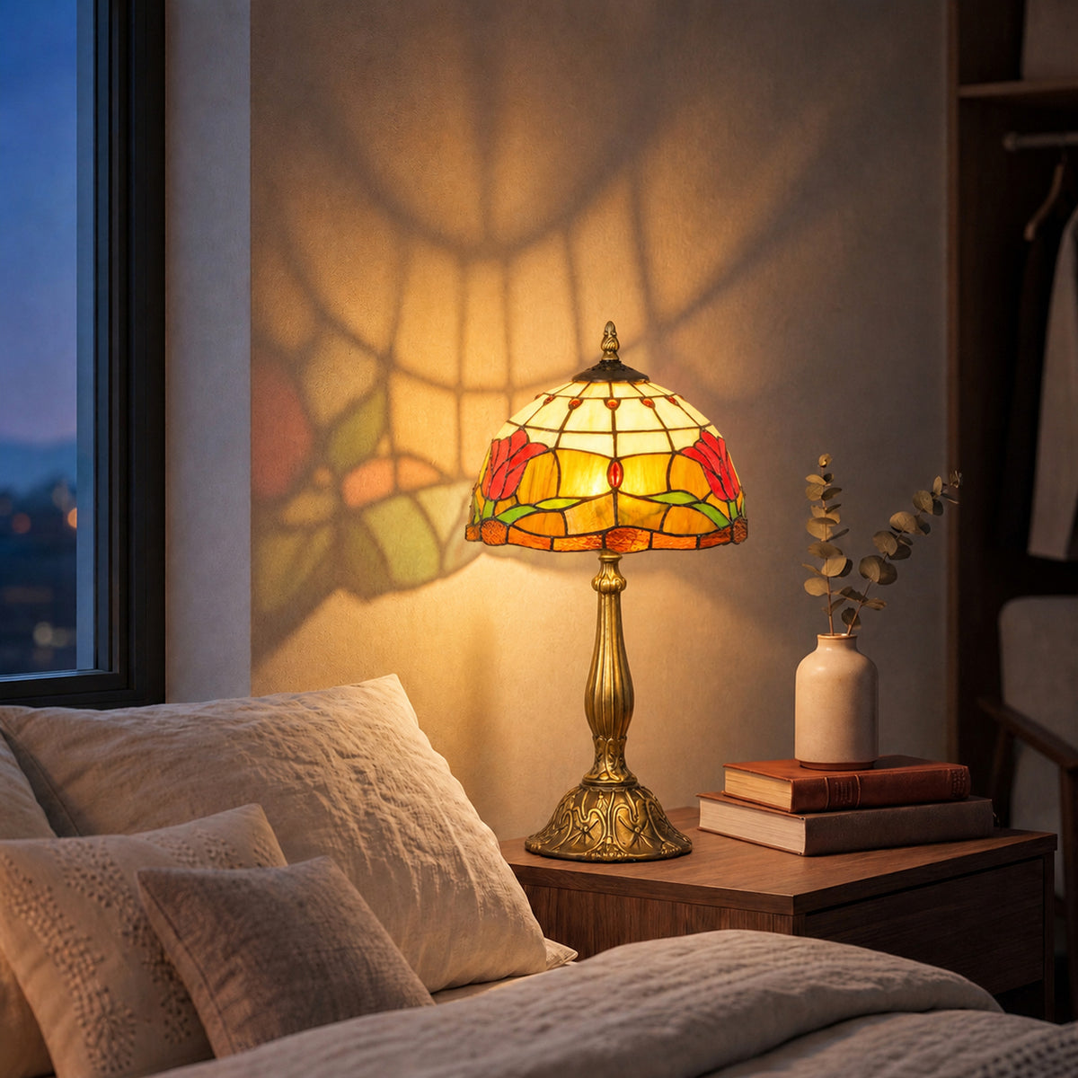 HOMCOM Tiffany Stained Glass Table Lamp, Handcrafted Artisan Lamp, Red, Ã˜25 x 45H cm, Zinc Alloy