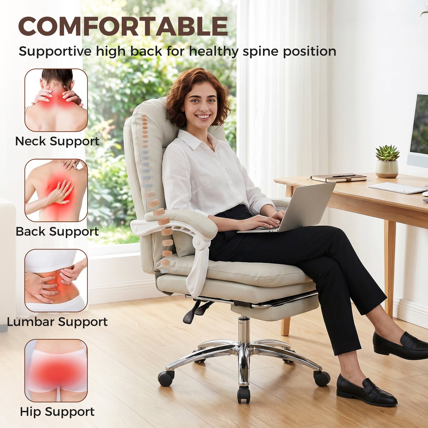HOMCOM Ergonomic Executive Office Chair, Velvet Reclining Desk Chair with Lumbar Support, Footrest, Plush Thick Cushion, Khaki