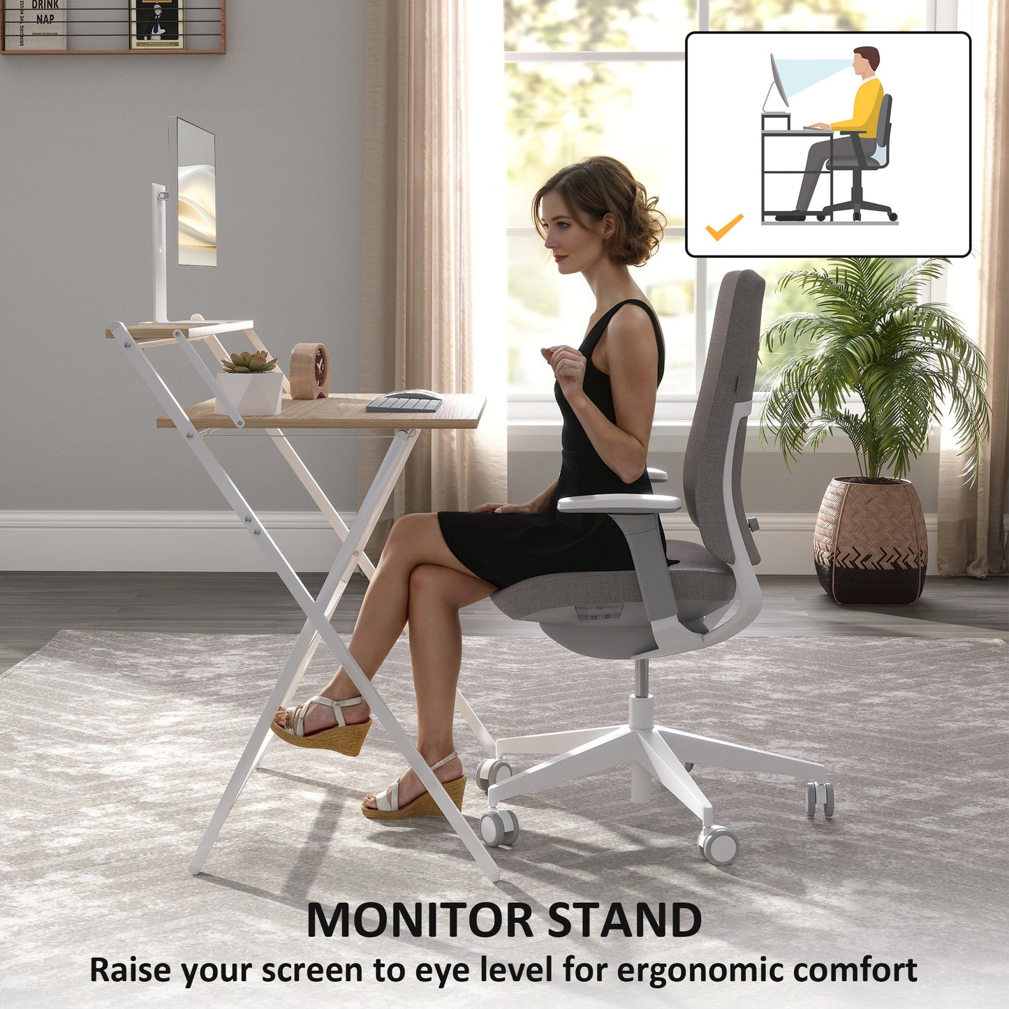 HOMCOM 81.5 cm Folding Computer Desk with Monitor Shelf - Natural Wood Finish