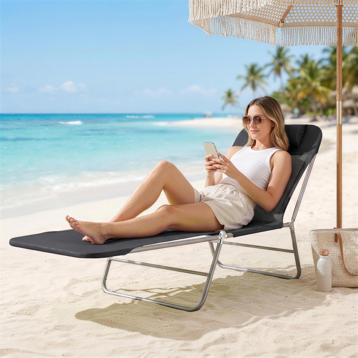 Outsunny Folding Sun Lounger, Texteline Reclining Sun Bed with 5 Position Adjustable Backrest, Headrest, Black