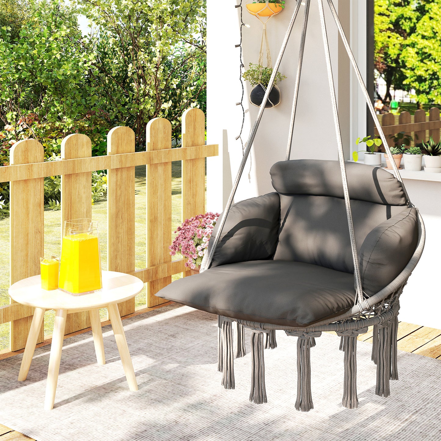 Outsunny Hanging Chair Outdoor Hammock Chair with Soft Cushion, Cotton Rope Boho Style Swing Chair, Hanging Garden Swing Seat for Indoor Outdoor, Dark Grey