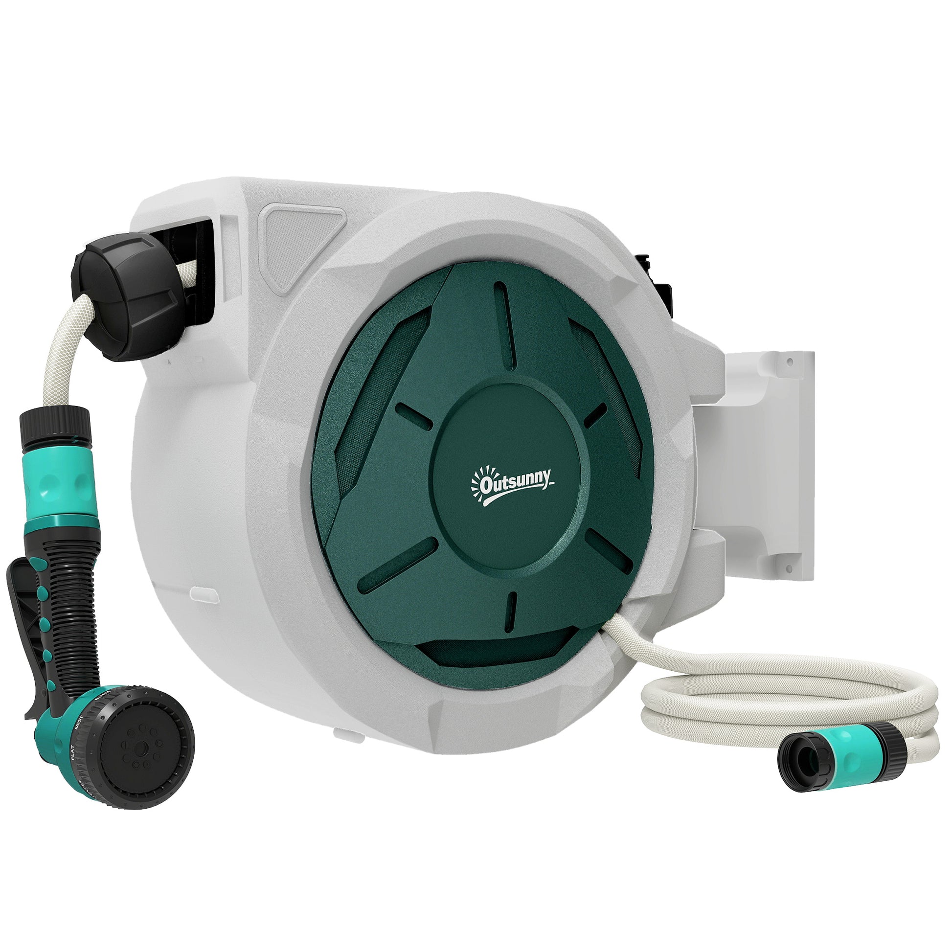 Outsunny Retractable Hose Reel Wall Mounted, 30+2m Garden Hose Pipe Reel with Lock, Auto Rewind, 7 in 1 Spray Nozzle, Includes Wall Fixings, 180Â° Swivel, Outdoor Watering, 59 x 23 x 42 cm, Grey