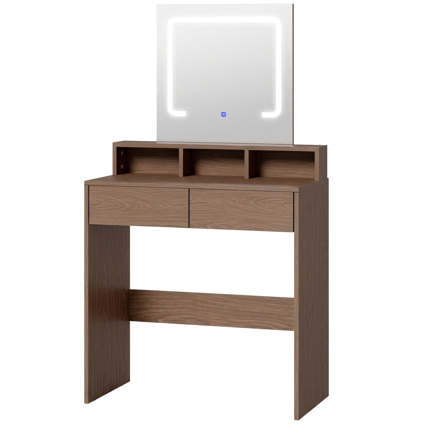 HOMCOM Vanity Table, Dressing Table with Mirror, LED Lights, 2 Drawers, 3 Compartments, 3 Colour Lighting, Walnut
