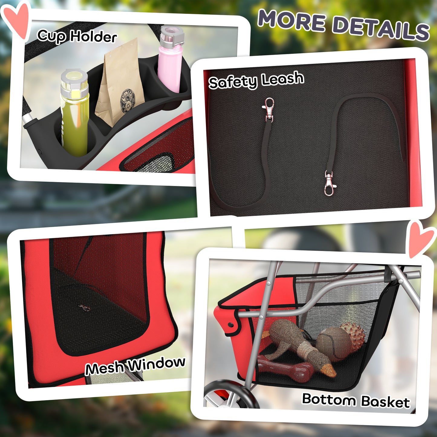 PawHut Dog Pram, Pet Stroller with Reflective Strips, Foldable Cat Stroller with 360Â° Swivel Wheels, Red