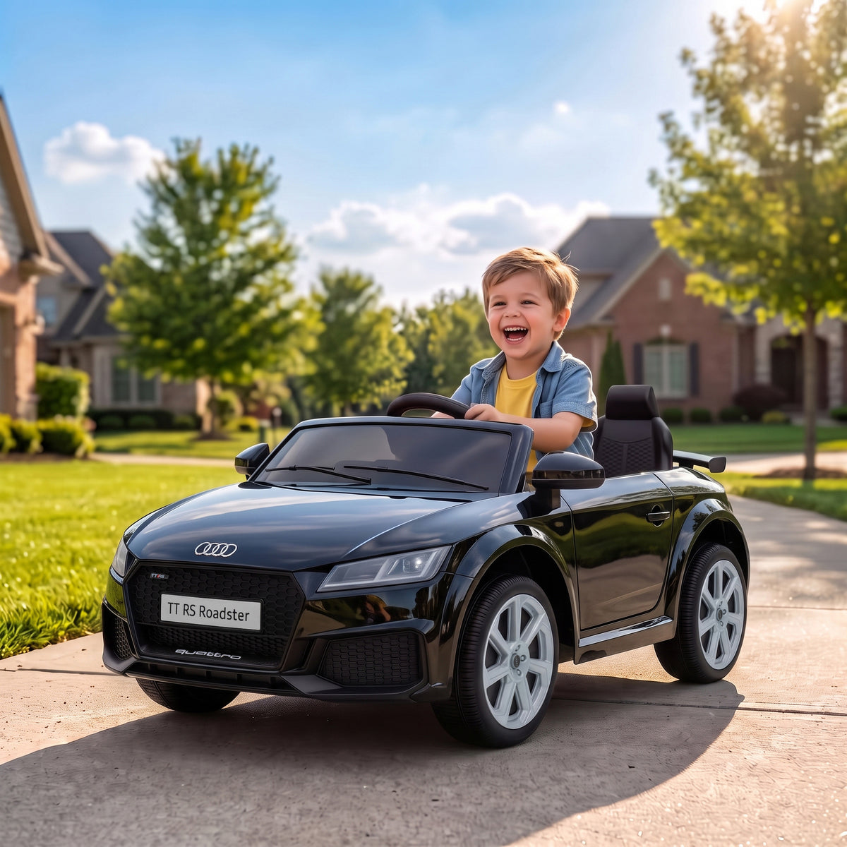 AIYAPLAY 12V Audi TT RS Licensed Electric Car, Electric Ride On Toy with Remote Control, Dual Motors, 4-Wheel Suspension, Black