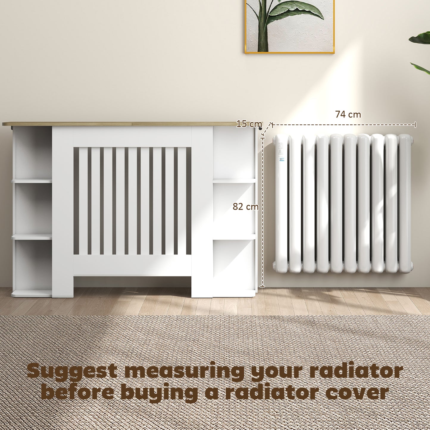 HOMCOM Radiator Cover with Open Storage Shelves, Vertical Slatted Cabinet Shelf Heater Cover for Living Room, Hallway, Medium, White (H: 83 / W: 124 / D: 19 cm)