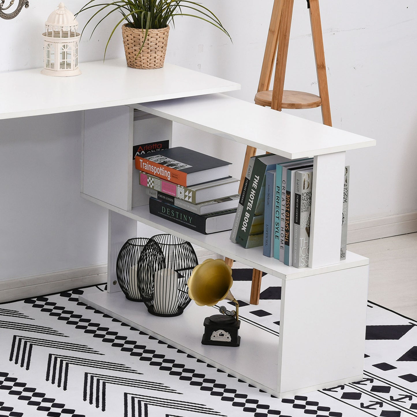 HOMCOM Corner Computer Desk, L Shaped Desk with 360Â° Rotating Bookshelf, 120L x 110W x 74.5H cm, White