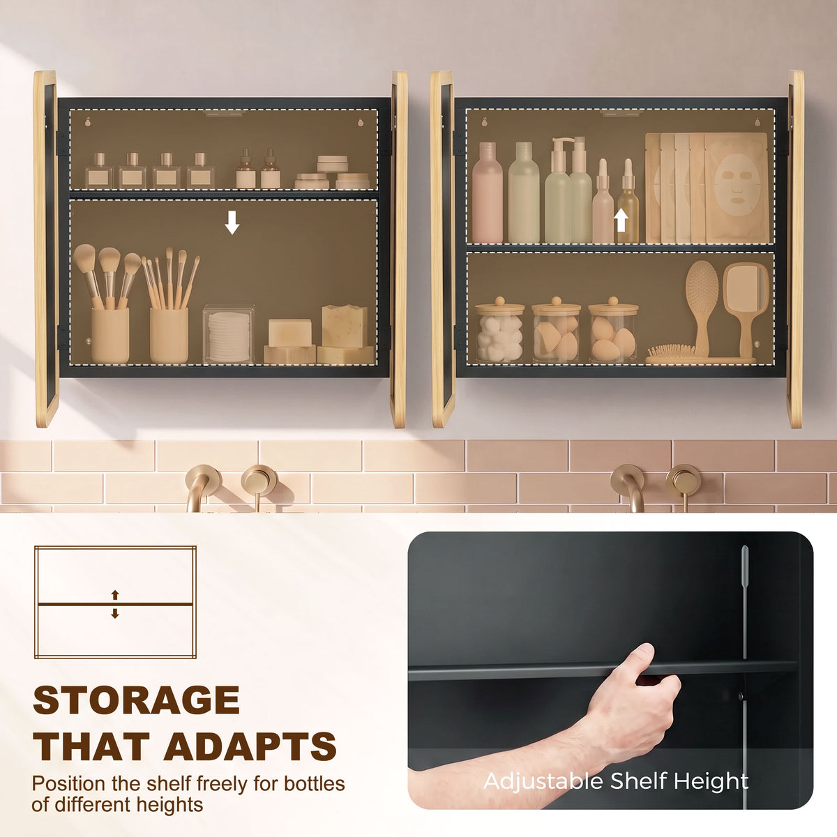 HOMCOM Bathroom Medicine Mirror Cabinet, Bathroom Wall Cabinet with Storage, Magnetic Doors and Adjustable Shelf, Natural