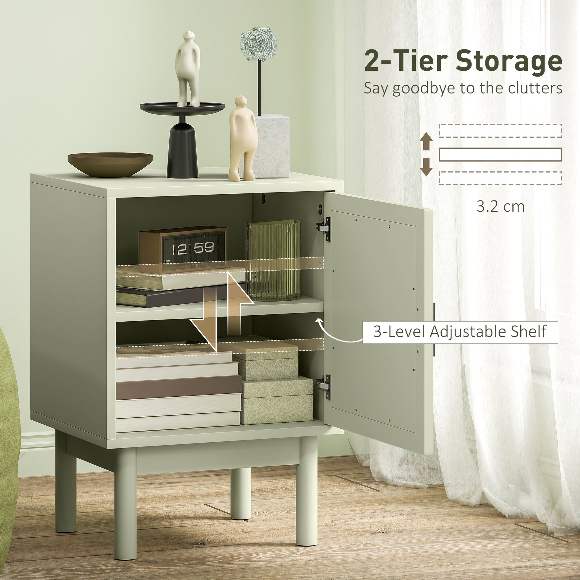 HOMCOM Set of 2 Rattan Bedside Tables, Boho Nightstands with Solid Wood Legs and Storage Cabinet for Living Room, Bedroom, Accent End Side Table, Light Green