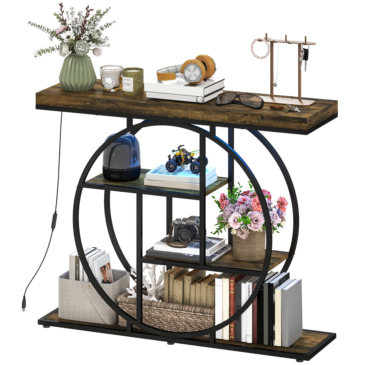HOMCOM Industrial Console Table with LED Lights, Narrow Hallway Table with Storage Shelves, 100cm, Rustic Brown