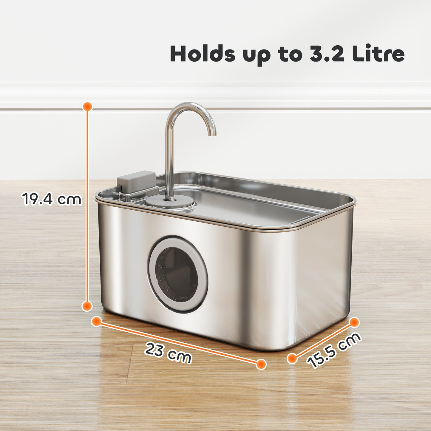 PawHut 3.2L Cat Water Fountain for Drinking, Cat Fountain Stainless Steel with Visible Water-Level Window, Ultra-Silent Pump