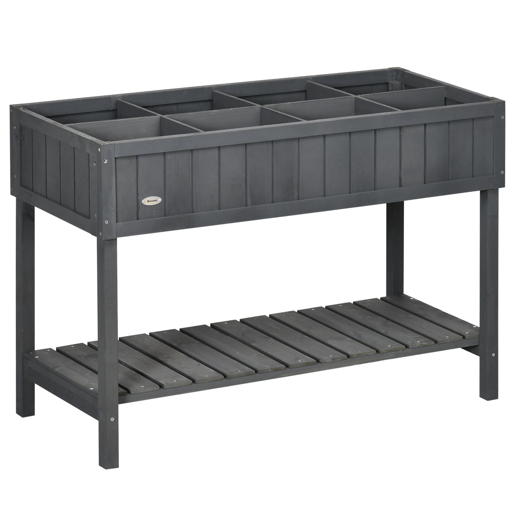 Outsunny Fir Wood Raised Rectangular 8 Compartment Plant Stand Dark Grey
